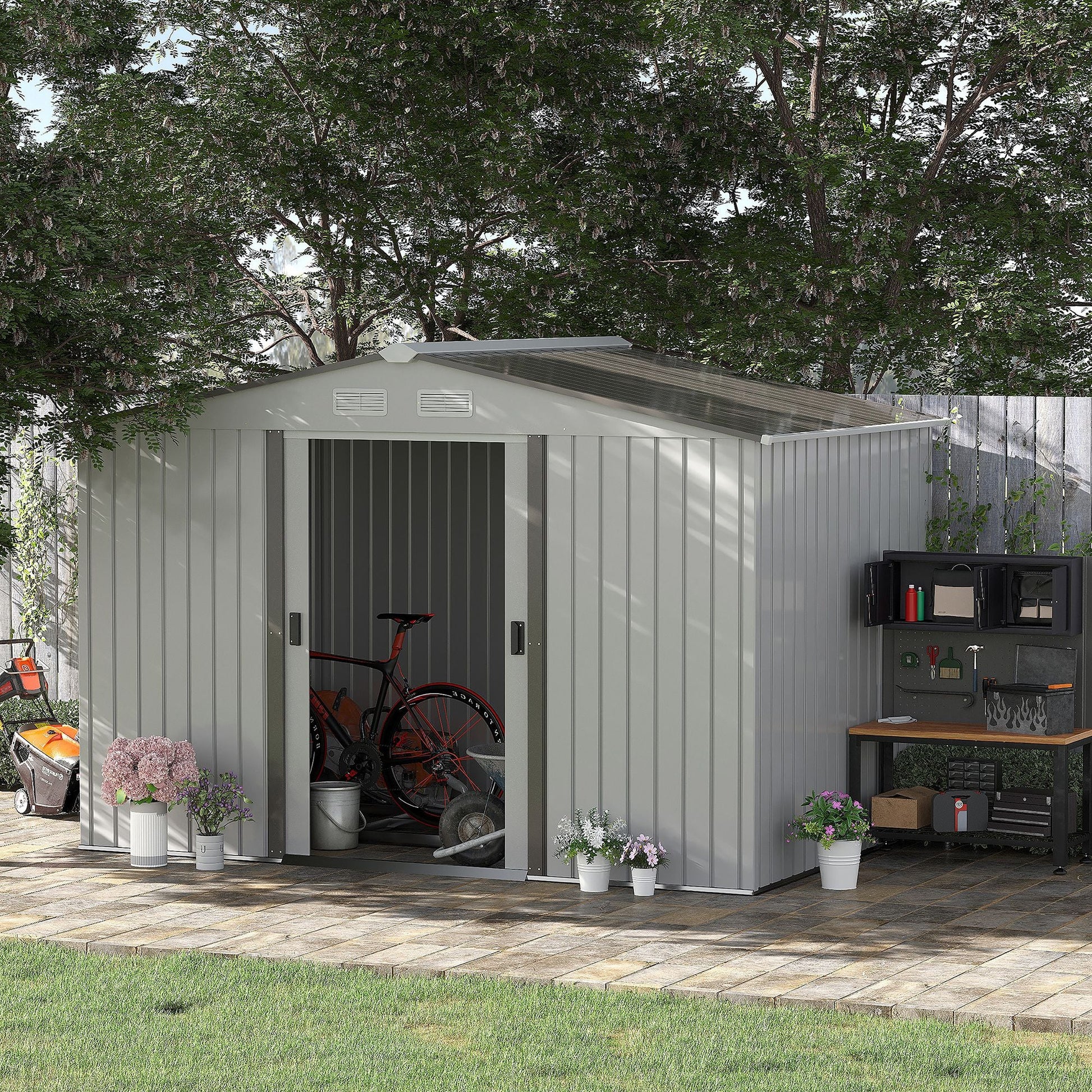 9.1' x 6.4' x 6.3' Garden Storage Shed w/Floor Foundation Outdoor Patio Yard Metal Tool Storage House w/ Double Doors Silver Sheds   at Gallery Canada