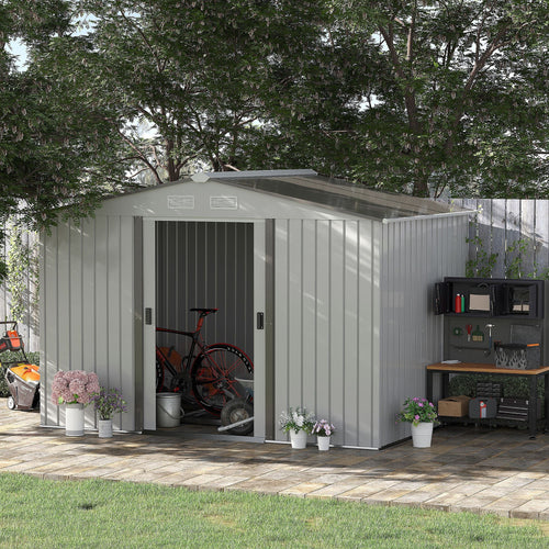 9.1' x 6.4' x 6.3' Garden Storage Shed w/Floor Foundation Outdoor Patio Yard Metal Tool Storage House w/ Double Doors Silver