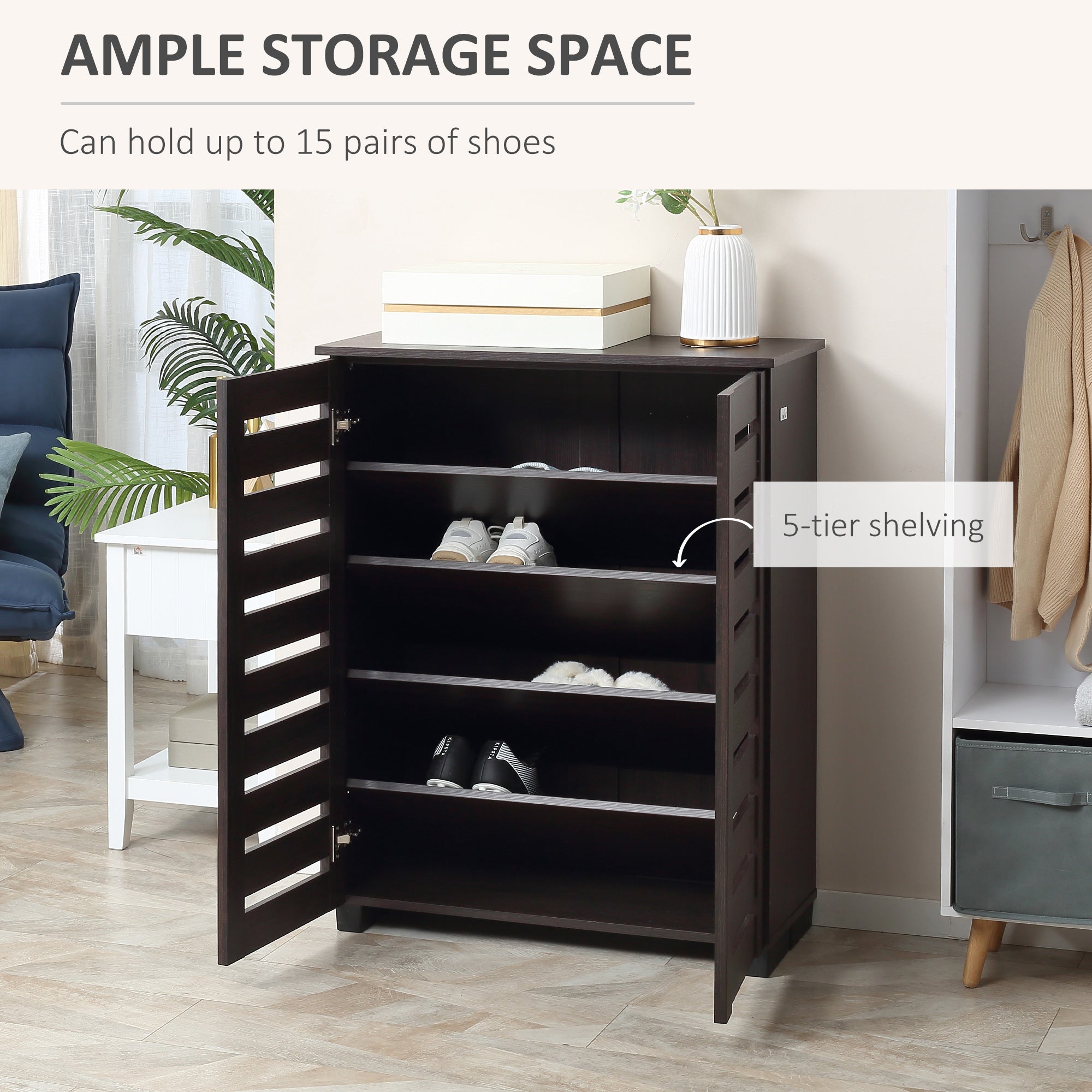 Slim Shoe Cabinet 2 Slatted Doors, 5-tier Shelving Cupboard for 15 Pairs of Shoes, Narrow Entryway Storage Unit, Dark Brown Shoe Storage Cabinets & Racks   at Gallery Canada