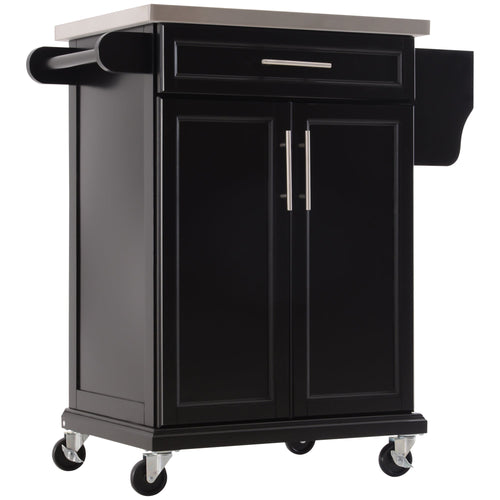 Rolling Kitchen Island, Kitchen Serving Cart with Stainless Steel Table Top on Wheels, Black