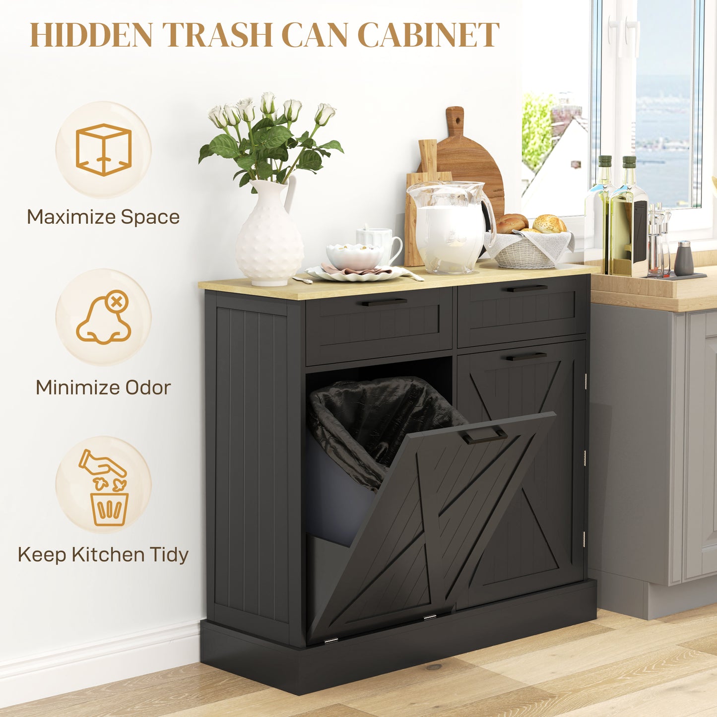 Hidden Garbage Bin Cabinet, Tilt Out Trash Cabinet w/ 2 Drawers, Freestanding Kitchen Island for Laundry, Black Bar Cabinets   at Gallery Canada