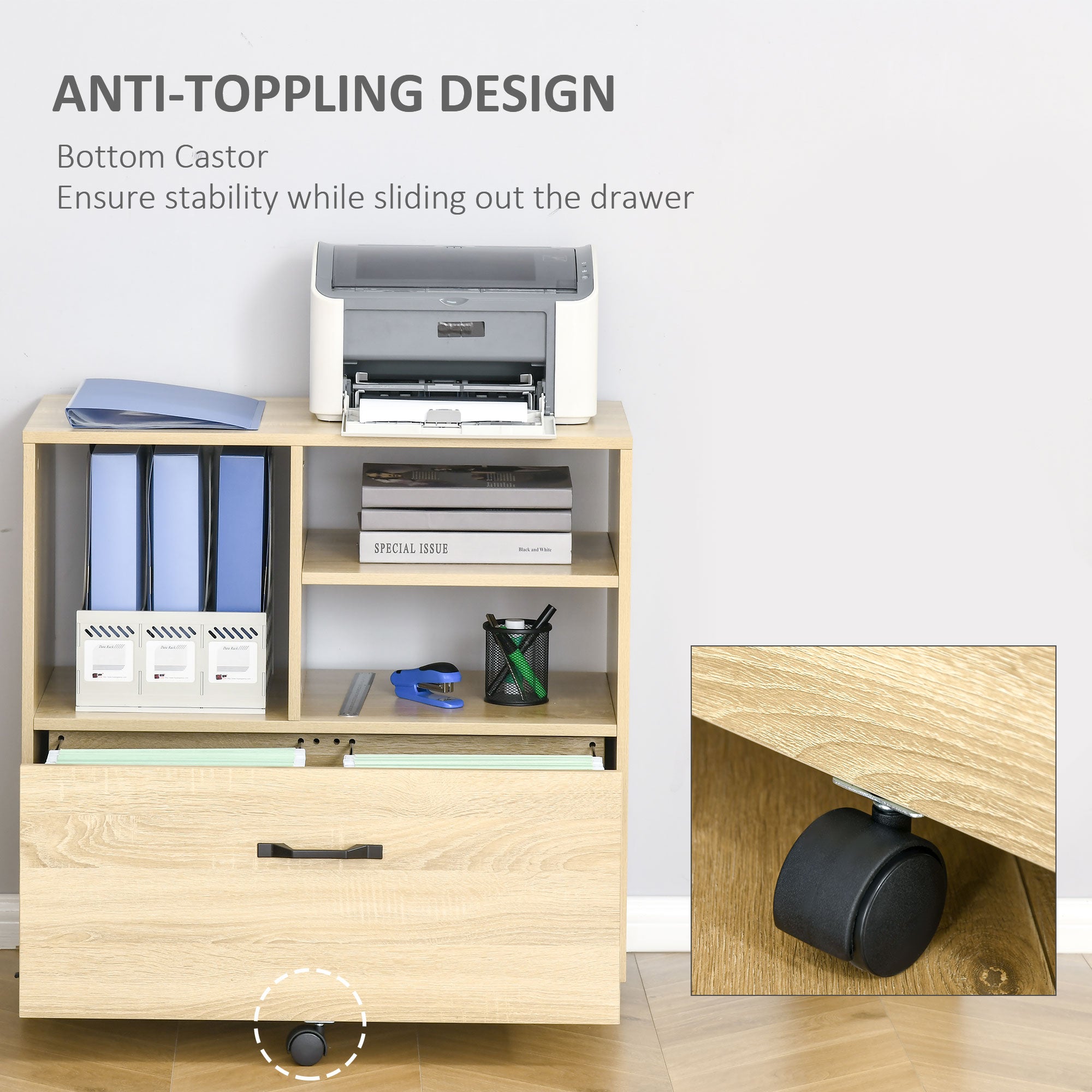 Lateral Filing Cabinet with Open Storage Shelf, Printer Stand, Mobile Office File Cabinet with Wheels for Letter and Legal Sized Files, Natural Office Cabinets & Cupboards at Gallery Canada