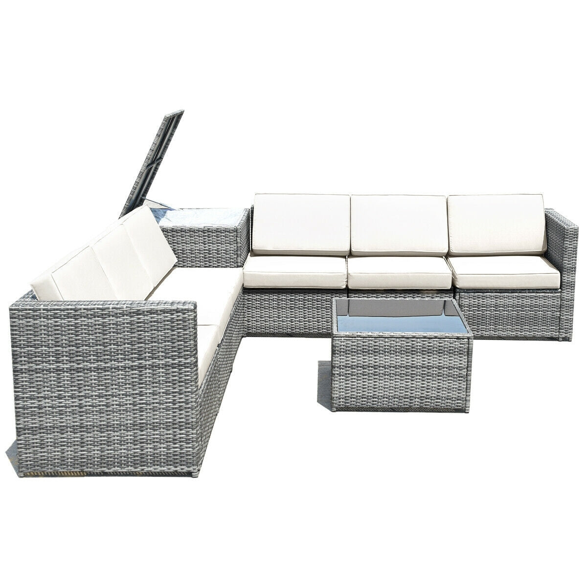 8 Piece Wicker Sofa Rattan Dinning Set Patio Furniture with Storage Table, White Outdoor Sectionals   at Gallery Canada