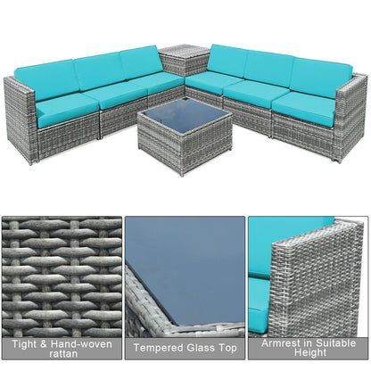 8 Piece Wicker Sofa Rattan Dinning Set Patio Furniture with Storage Table, Turquoise Outdoor Sectionals   at Gallery Canada