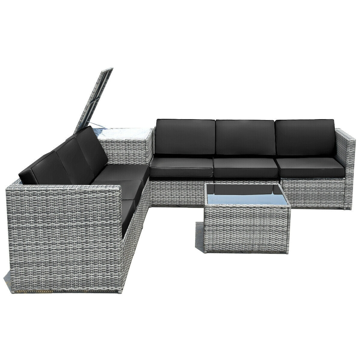 8 Piece Wicker Sofa Rattan Dinning Set Patio Furniture with Storage Table, Black Outdoor Sectionals   at Gallery Canada