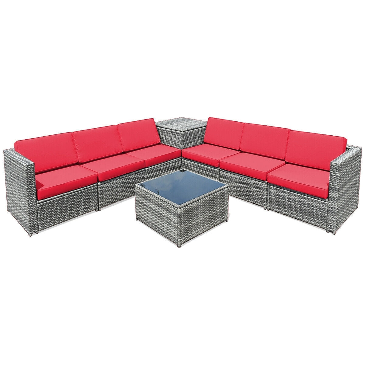 8 Piece Wicker Sofa Rattan Dinning Set Patio Furniture with Storage Table, Red Outdoor Sectionals Red  at Gallery Canada