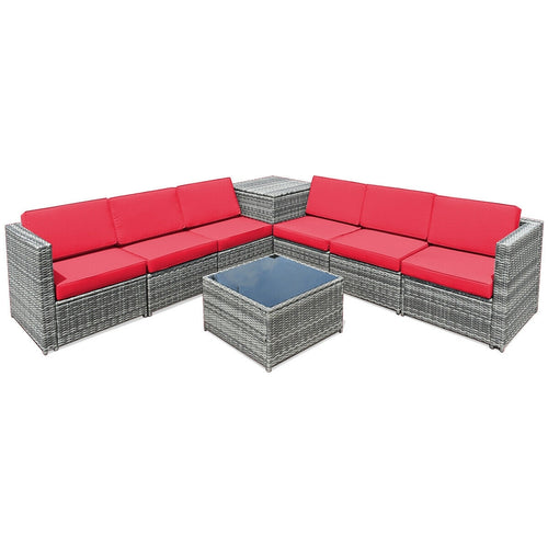 8 Piece Wicker Sofa Rattan Dinning Set Patio Furniture with Storage Table, Red