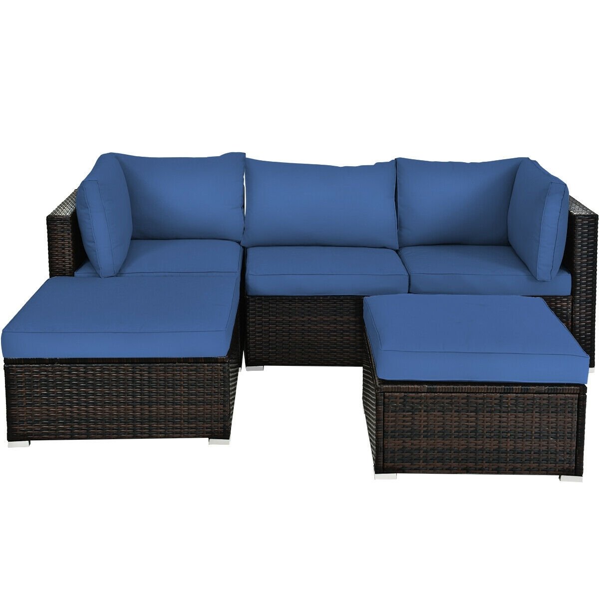 5 Pieces Patio Rattan Sofa Set with Cushion and Ottoman, Navy Outdoor Sectionals   at Gallery Canada