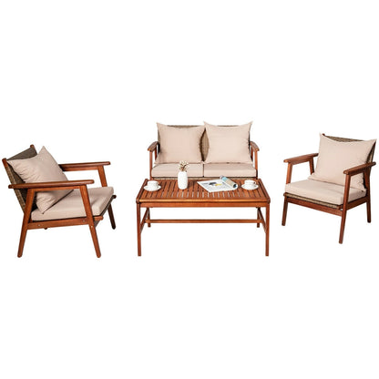 4 Pieces Acacia Wood Patio Rattan Furniture Set, Brown Patio Conversation Sets   at Gallery Canada