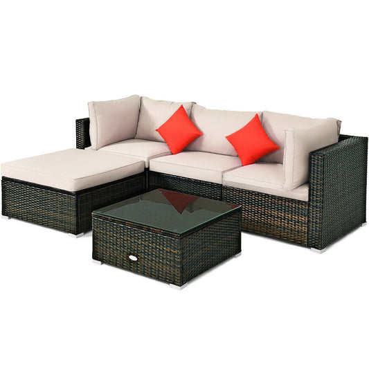 5 Pieces Outdoor Patio Rattan Furniture Set Sectional Conversation with Cushions, Beige - Gallery Canada