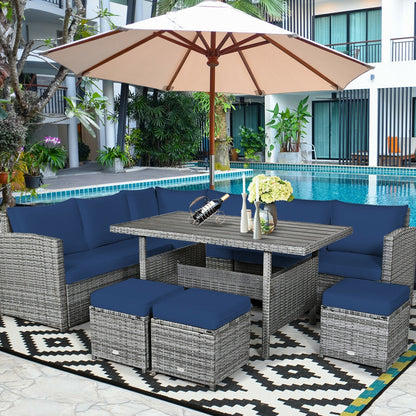 7 Pieces Patio Rattan Dining Furniture Sectional Sofa Set with Wicker Ottoman, Navy Outdoor Sectionals   at Gallery Canada