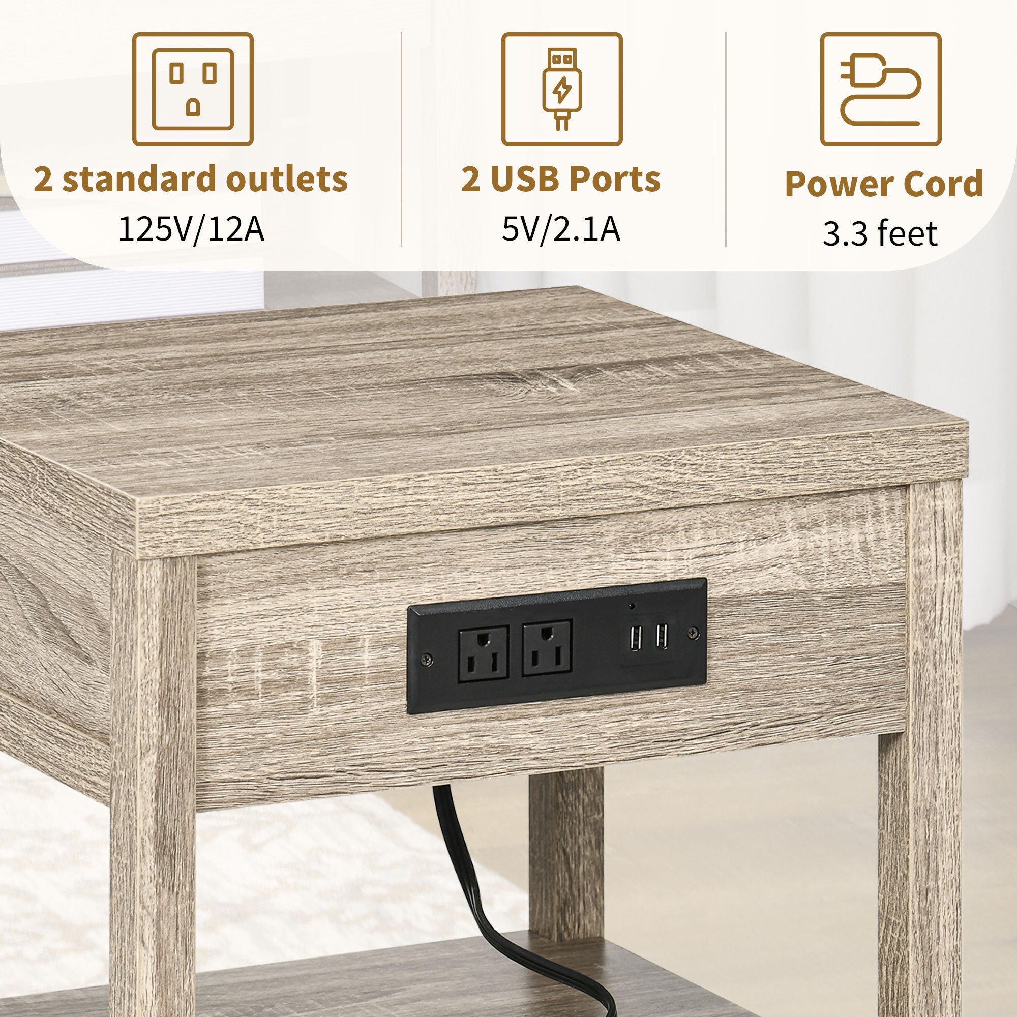 Bedside Table, Side End Table with Charging Station, Drawer and Shelf for Bedroom, 17.7