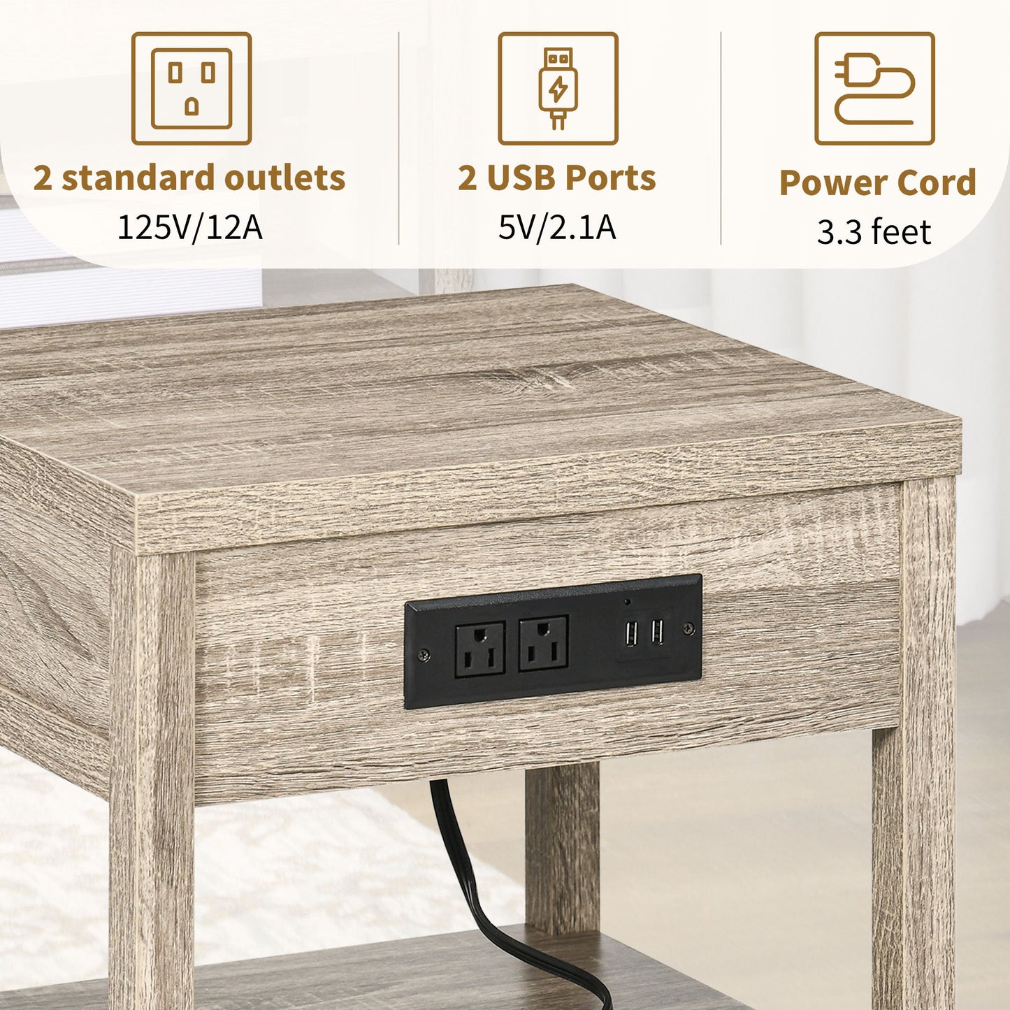 Bedside Table, Side End Table with Charging Station, Drawer and Shelf for Bedroom, 17.7" x 15.7" x 18.1", Oak Tone Bedside Tables   at Gallery Canada