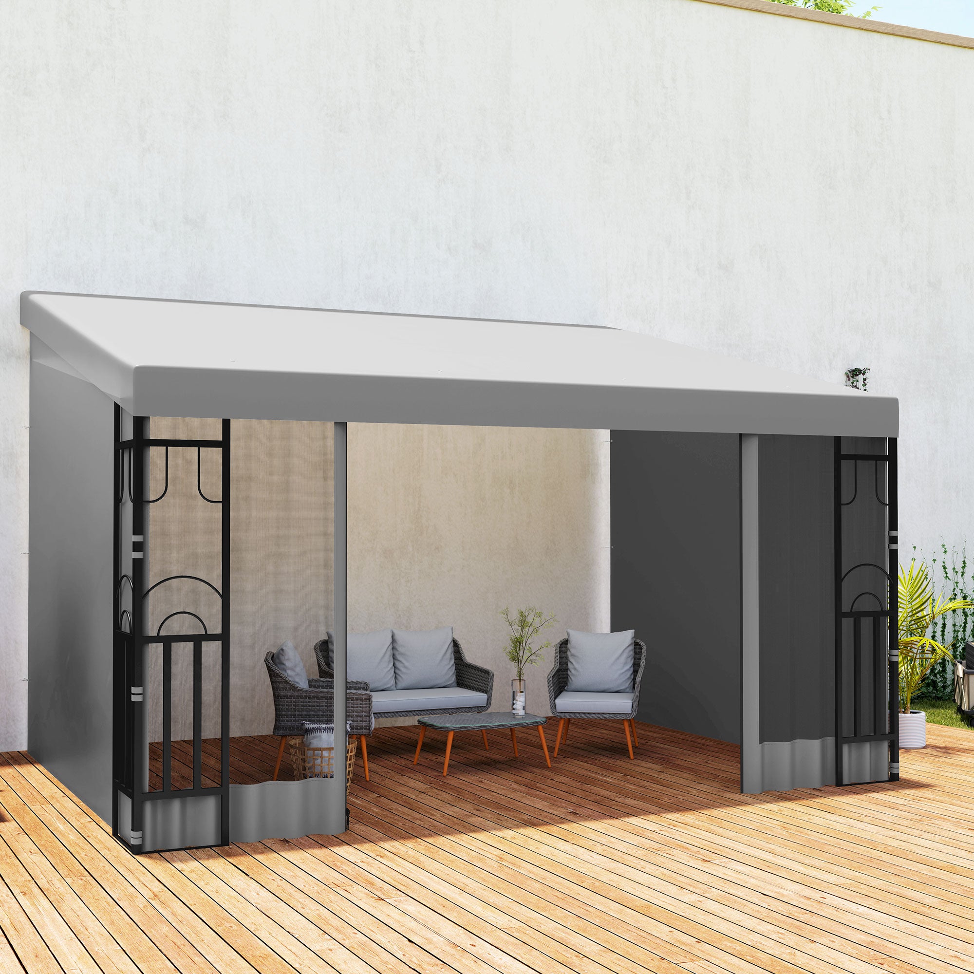 10' x 13' Wall Pergola, Outdoor Gazebo with 2 Curtains and 2 Nettings, UV Resistant, for Patio, Deck, Light Grey Pergolas at Gallery Canada