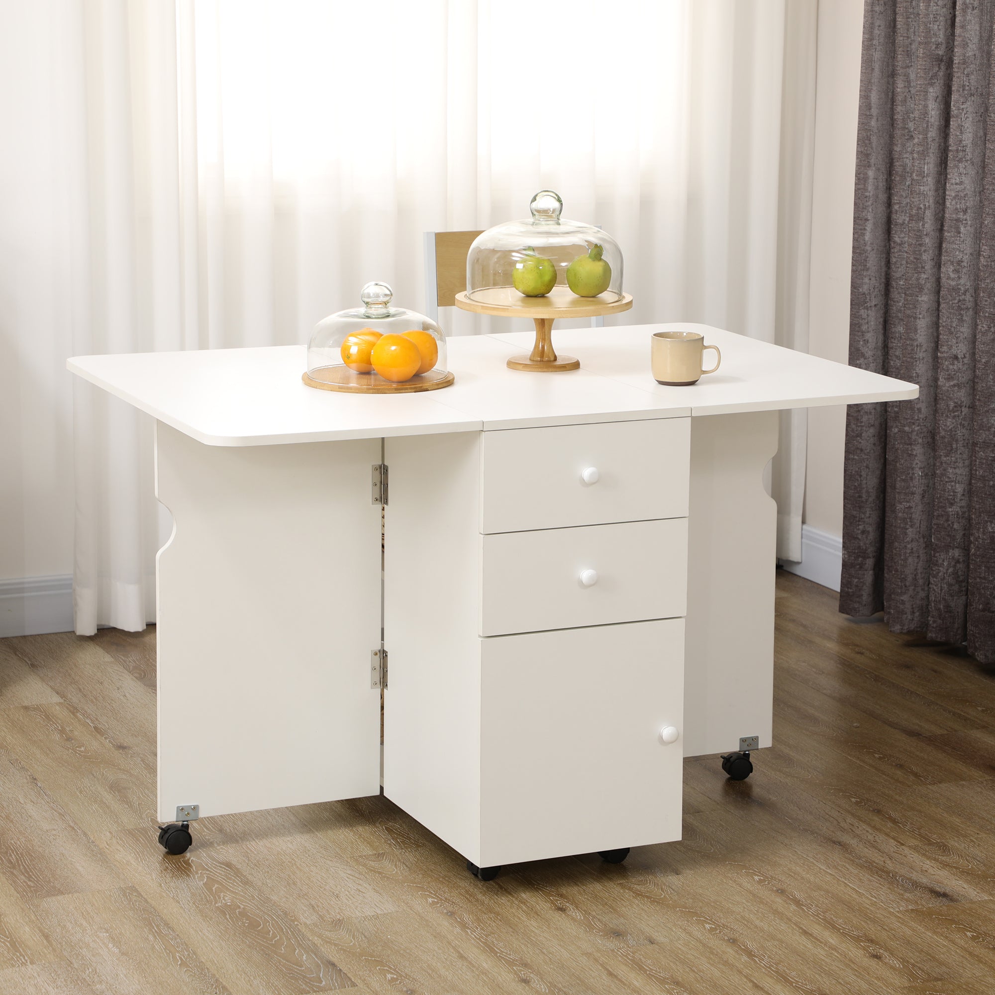 Extendable Dining Table, Drop Leaf Table with 2 Drawers, Cabinet and 6 Wheels for Small Spaces, Kitchen, White Bar Tables & Dining Tables at Gallery Canada