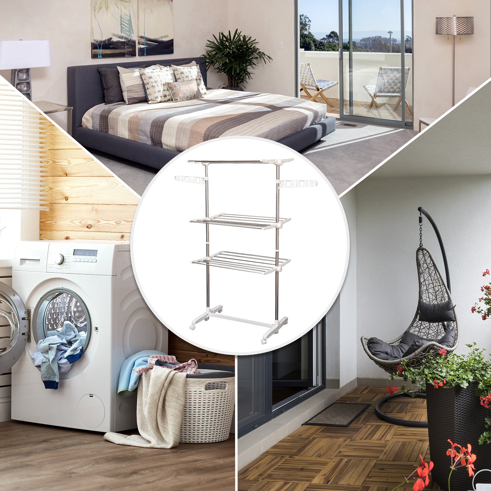 3-Tier Clothes Drying Rack, Stainless Steel Laundry Rack with 2 Side Wings and 6 Castors, Collapsible Adjustable Clothes Airer for Indoor Outdoor, White Bath Accessories at Gallery Canada