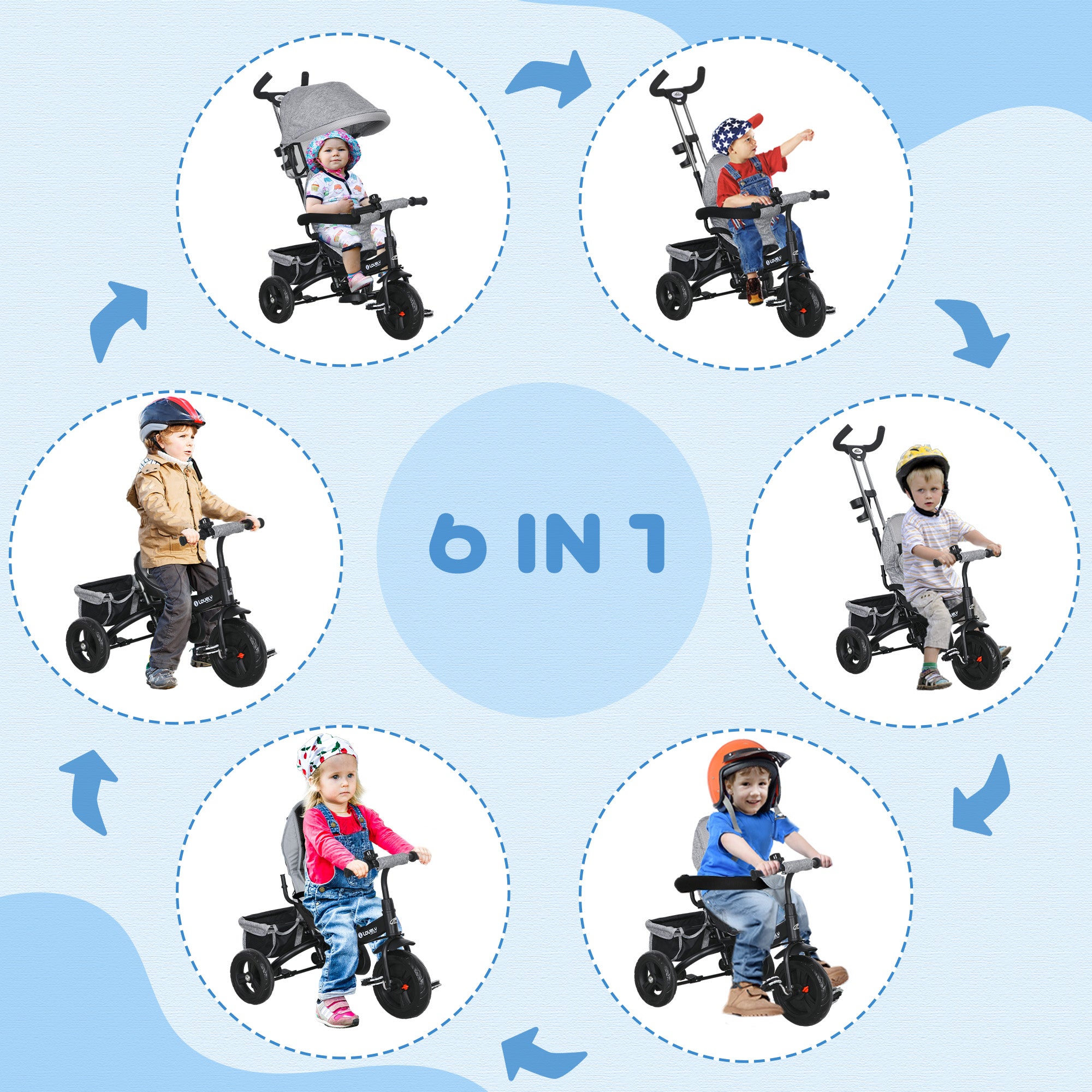 6 in 1 Toddler Tricycle Stroller with Basket, Canopy, 5-point Safety Harness, for 12-60 Months, Grey Tricycles for Kids at Gallery Canada