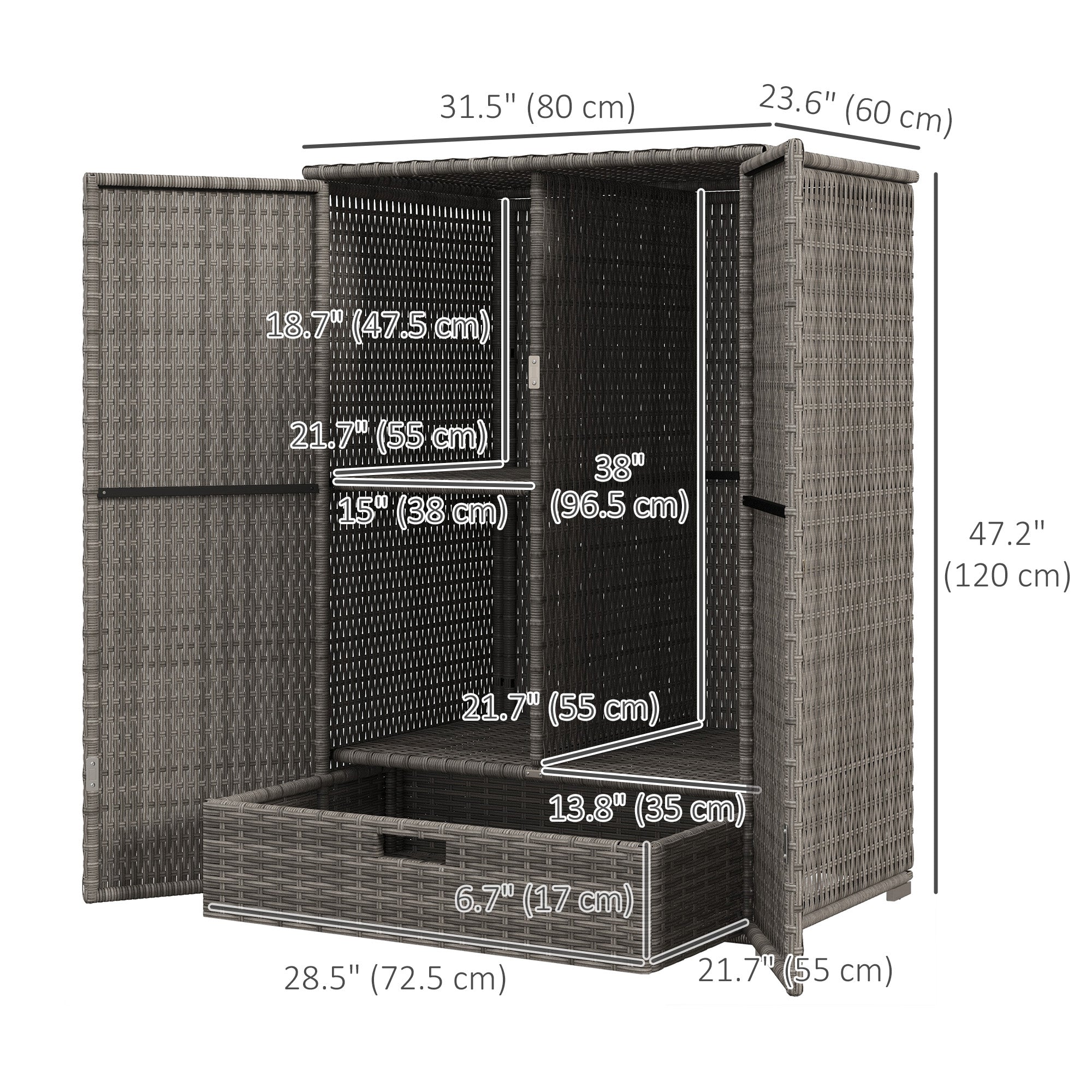 Wicker Outdoor Storage Cabinet, 2-Door Rattan Pool Towel Storage Cabinet with Drawer &; Removable Shelf, Dark Grey Patio Storage Boxes at Gallery Canada