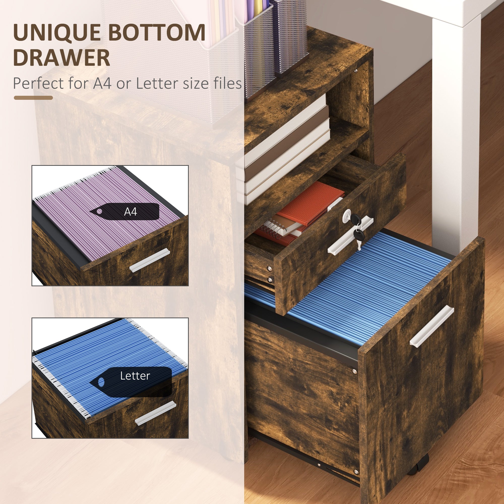 Small Filing Cabinet with 2 Drawers, Lockable Home Office Storage Cabinets on Wheels for A4, Letter Size, Rustic Brown Office Cabinets & Cupboards at Gallery Canada
