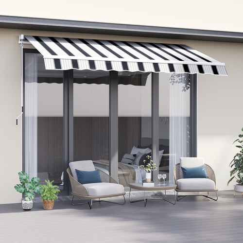 8' x 7' Retractable Awning, Patio Awnings, Sunshade Shelter with 280 g/m² UV &; Water-Resistant Fabric and Aluminum Frame for Deck, Balcony, Yard, Blue and White