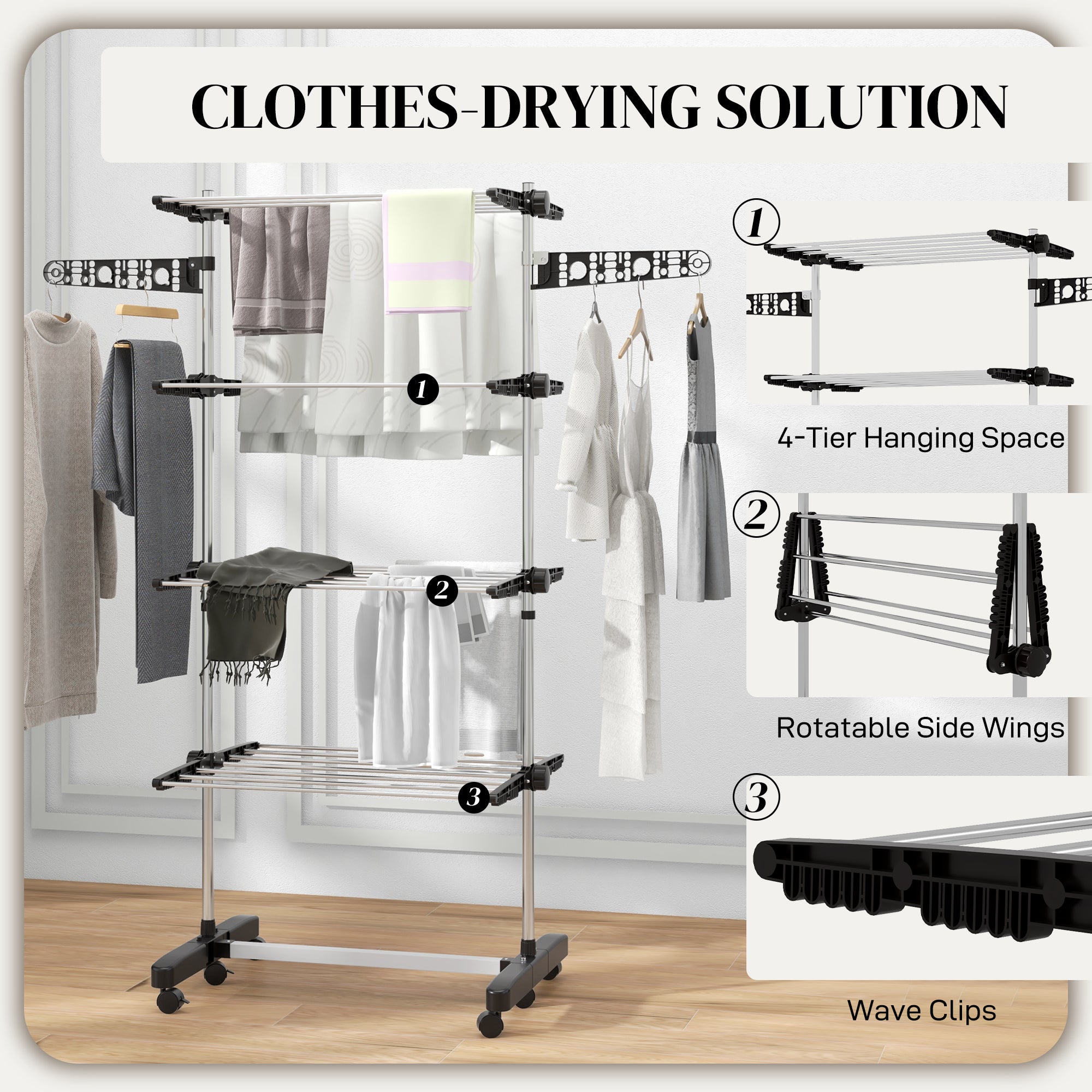 Garment Drying Rack Stainless Steel Folding Clothes Hanging Rack with Side Wings Castors for Indoor Outdoor Black Bath Accessories at Gallery Canada