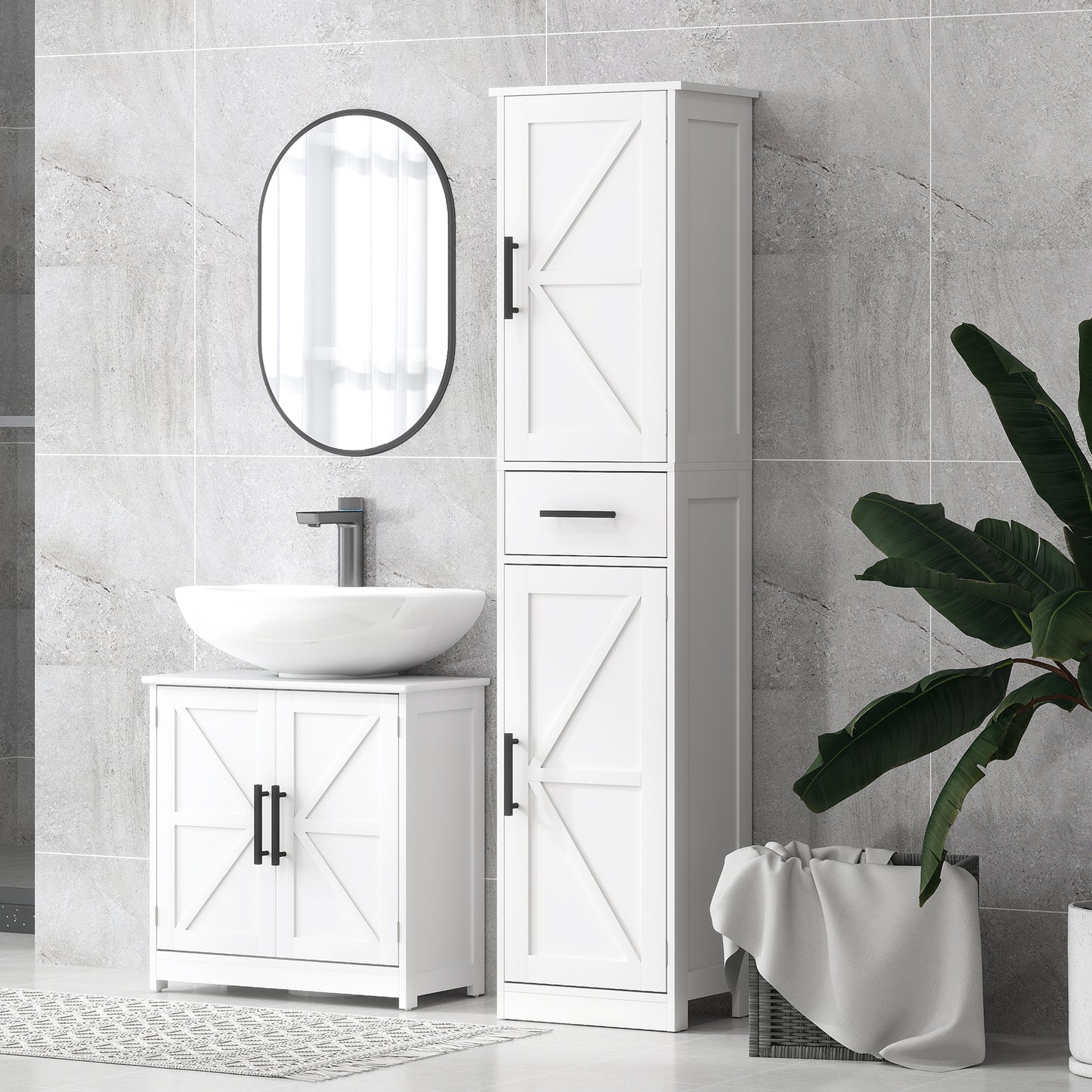 67" Tall Bathroom Cabinet, Narrow Bathroom Storage Cabinet with Drawer, Barn Doors and Adjustable Shelves, White Bathroom Cabinets at Gallery Canada