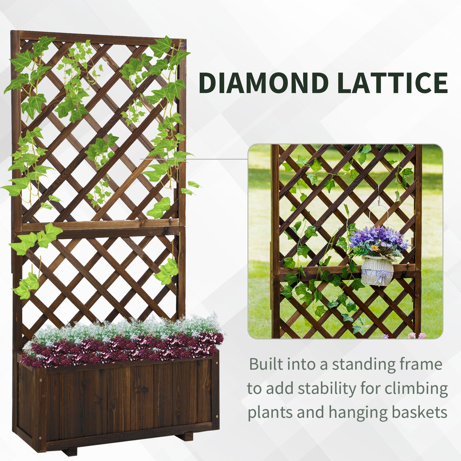 2.4 x 1 x 4.9 ft Garden Wooden Pine Trough Planter with Topped Trellis Climbing Plants Flower Raised Bed, Carbonized Wooden Planter Boxes at Gallery Canada