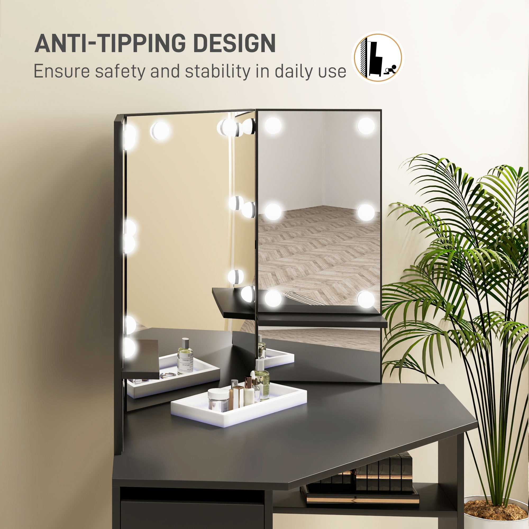 Makeup Vanity Desk with 3-Panel Mirror and 10 LED Lights, Dressing Table with 5 Drawers and Shelves for Bedroom, Black Dressing & Vanity Tables at Gallery Canada