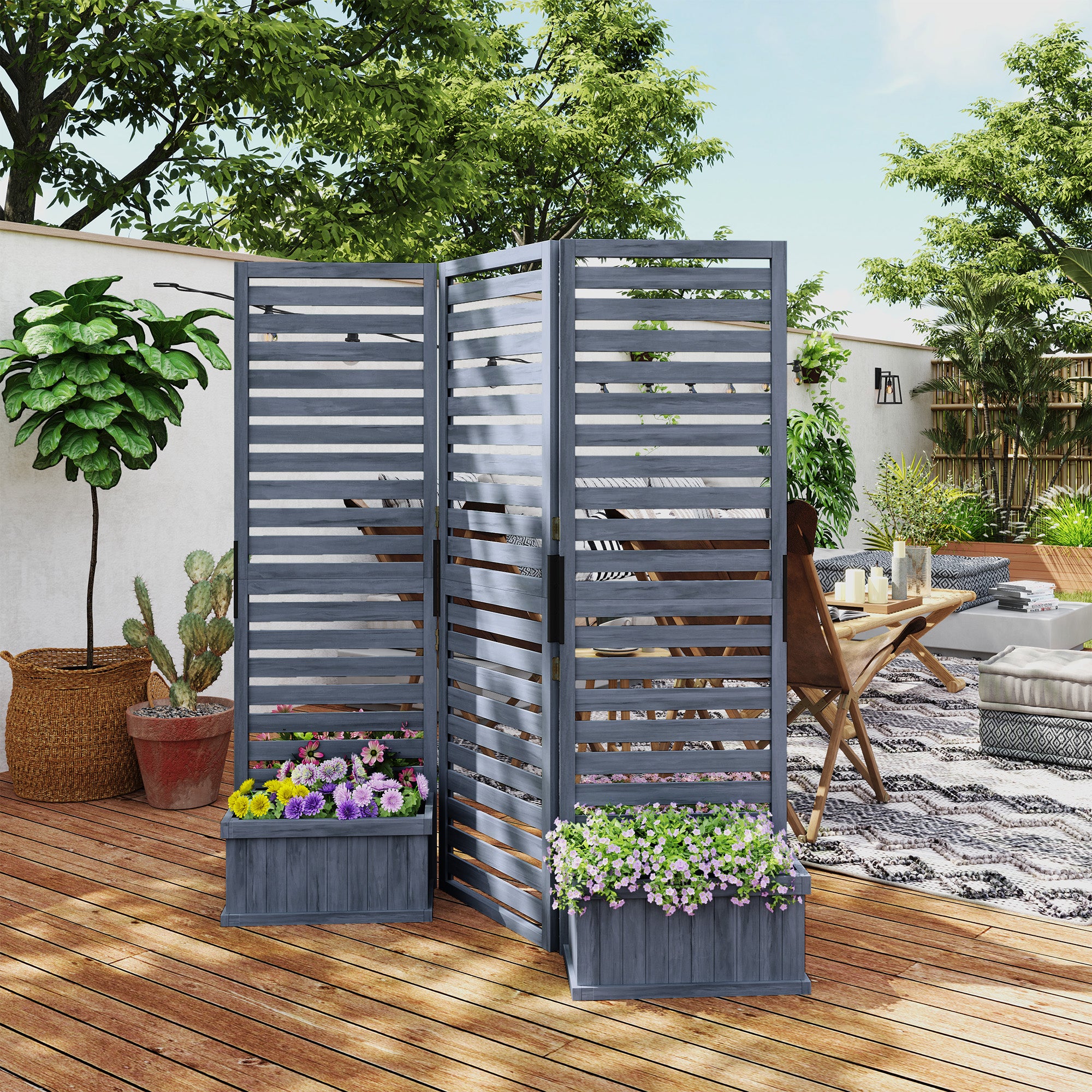 Outdoor Privacy Screen Wood Privacy Panel with 4 Planter Boxes, Raised Bed with 3 Panels, Drainage Holes Side Awnings at Gallery Canada