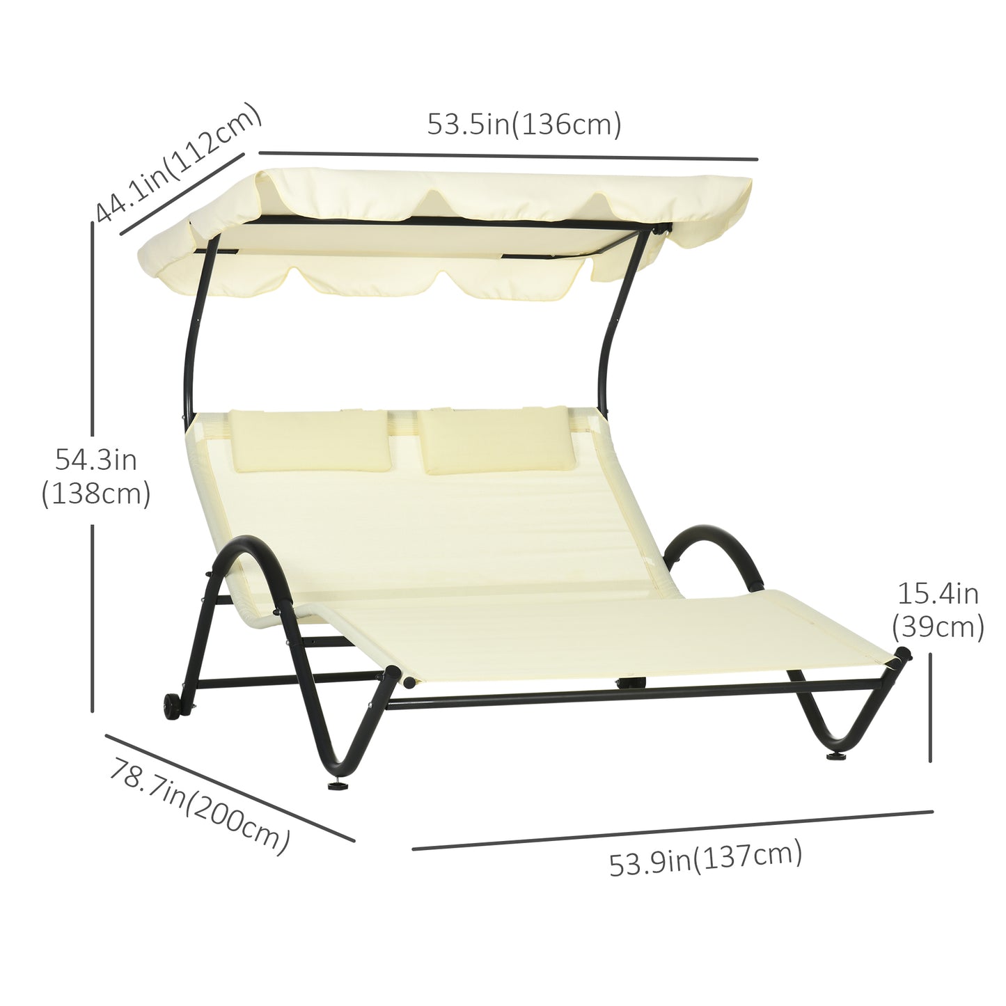 Outdoor Patio Chaise Lounge Chair, Patio Sun Lounger w/ Sunshade Roof, for Two People with Wheels and Breathable Sling Mesh Bed, Pillows, Beige Daybeds   at Gallery Canada