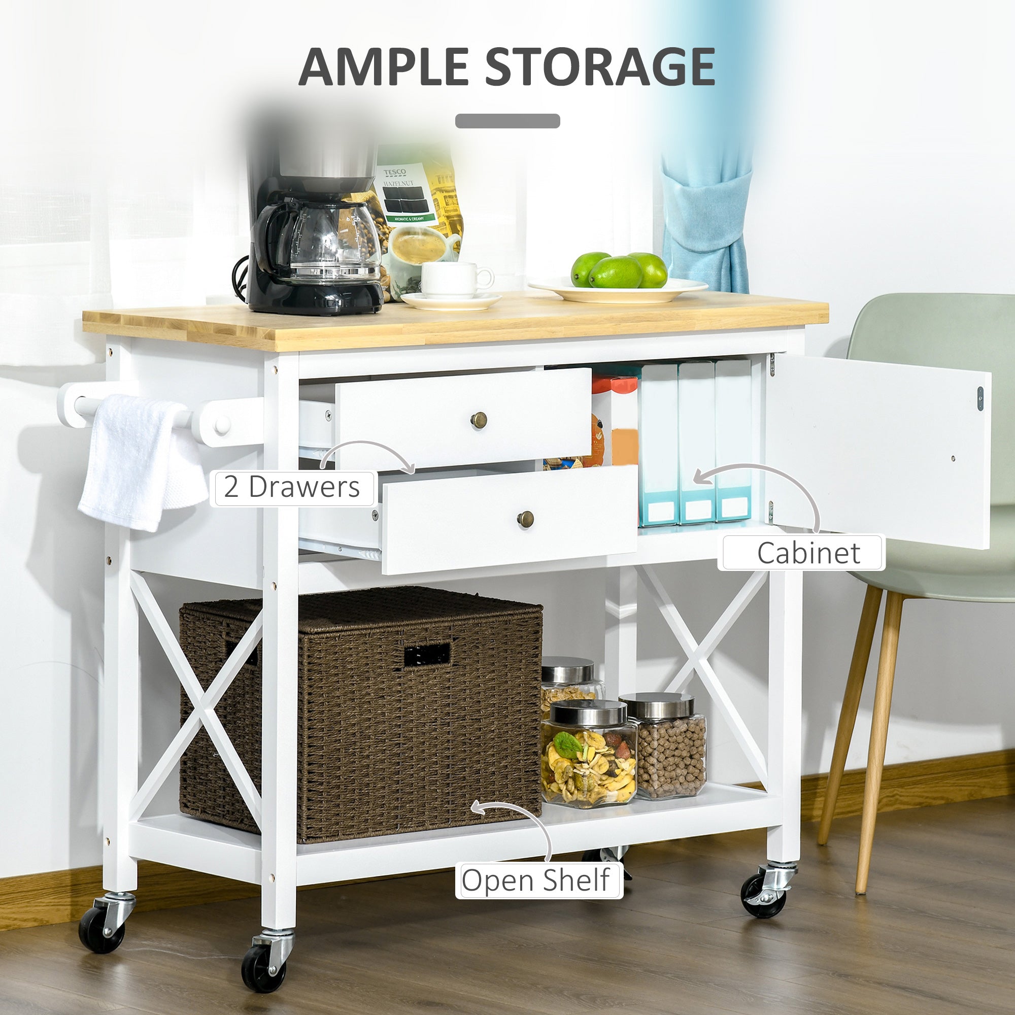 Utility Kitchen Cart Rolling Kitchen Island Storage Trolley with Rubberwood Top, 2 Drawers, Towel Rack, White Kitchen Islands & Kitchen Carts   at Gallery Canada