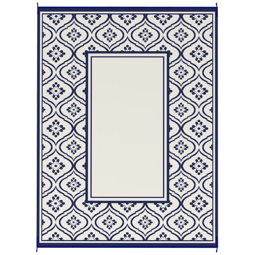 9' x 12' Outdoor RV Rug, Reversible Patio Floor Mat with Carry Bag, Gourd Border, Blue and White