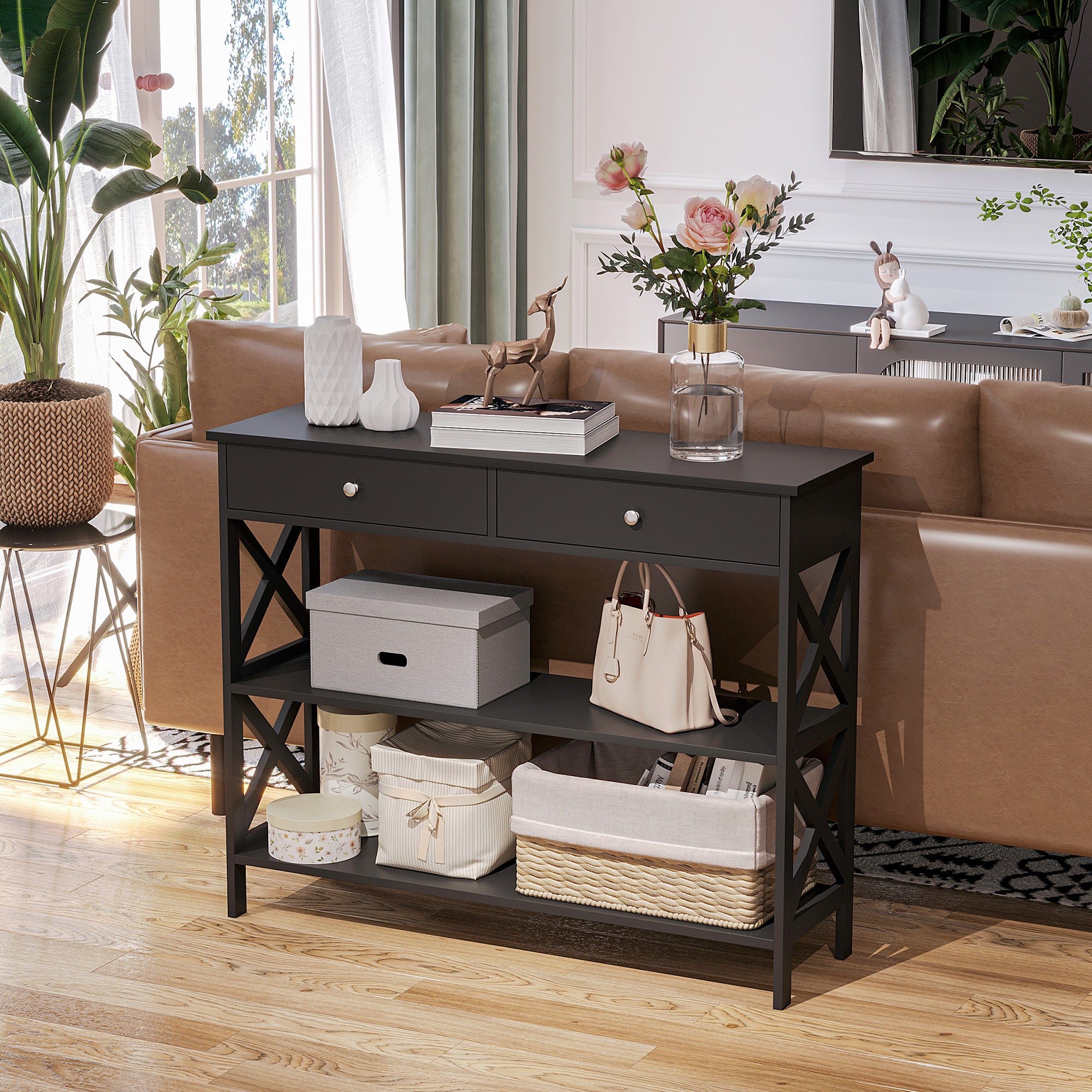 Console Table Sofa Side Desk with Storage Shelves Drawers X Frame for Living Room Entryway Black Console Tables at Gallery Canada