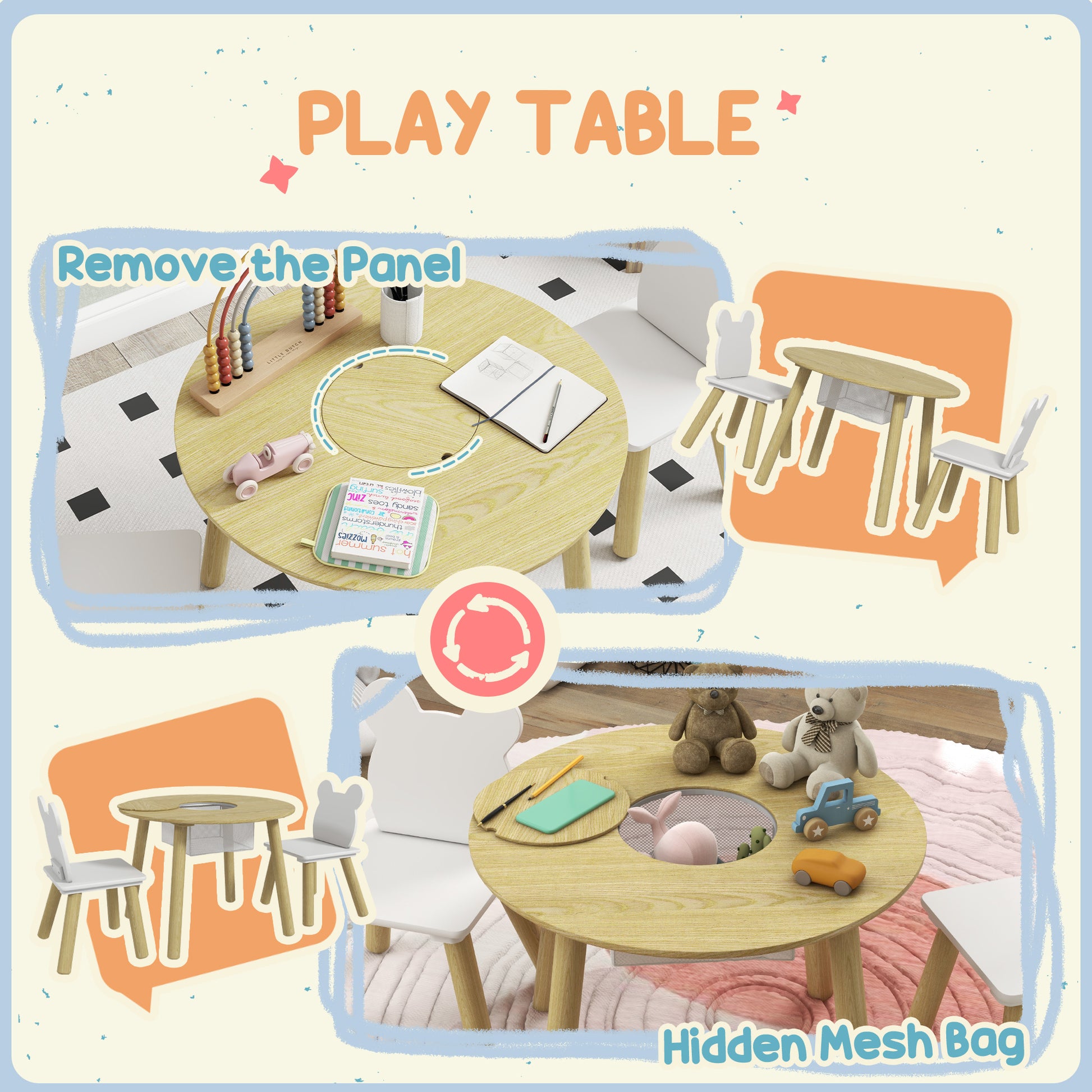 3 Pieces Kids Table and Chair Set, Activity Table and Chair Set with Bear-Shaped Chairs, Mesh Bag Kids Table Sets   at Gallery Canada