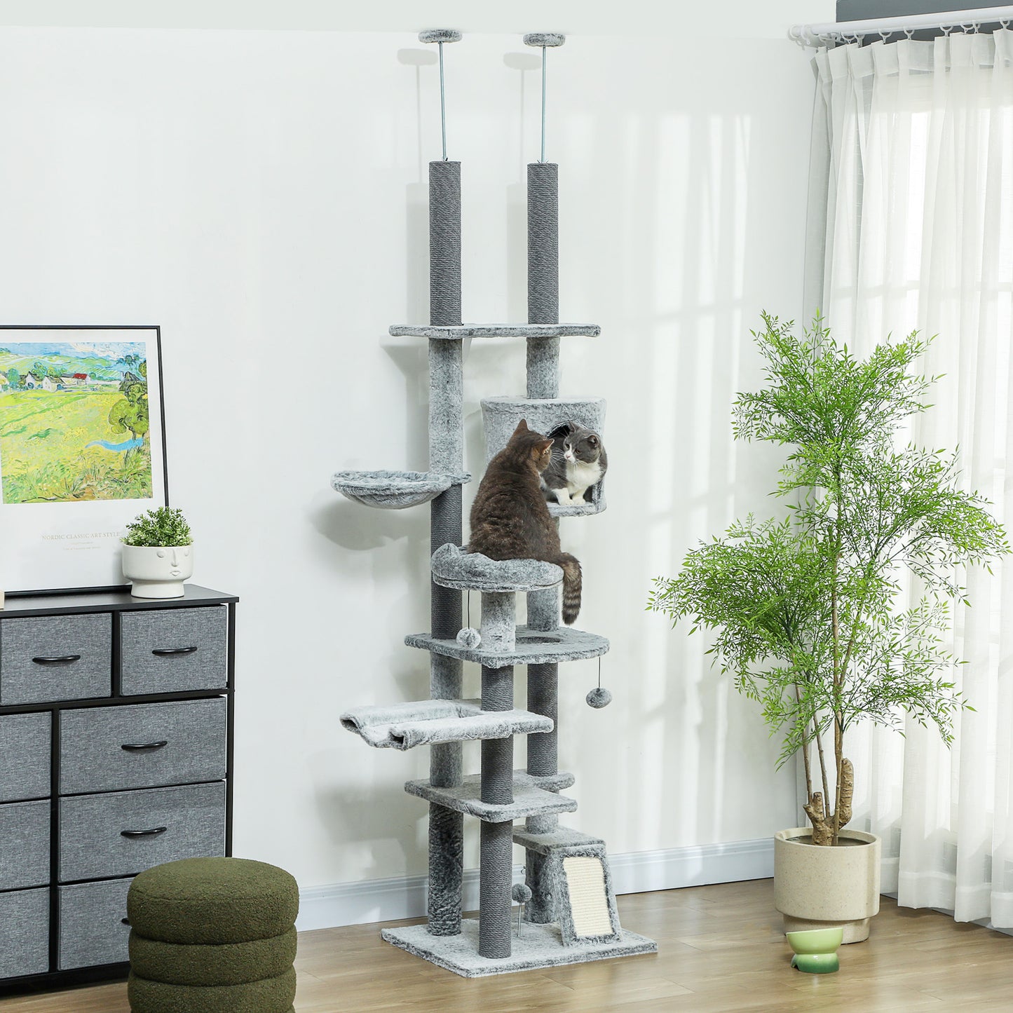 89" -100" Adjustable Height Floor to Ceiling Cat Tree, Multi Levels Cat Climbing Tower with Scratching Posts Floor to Ceiling Cat Trees Grey  at Gallery Canada