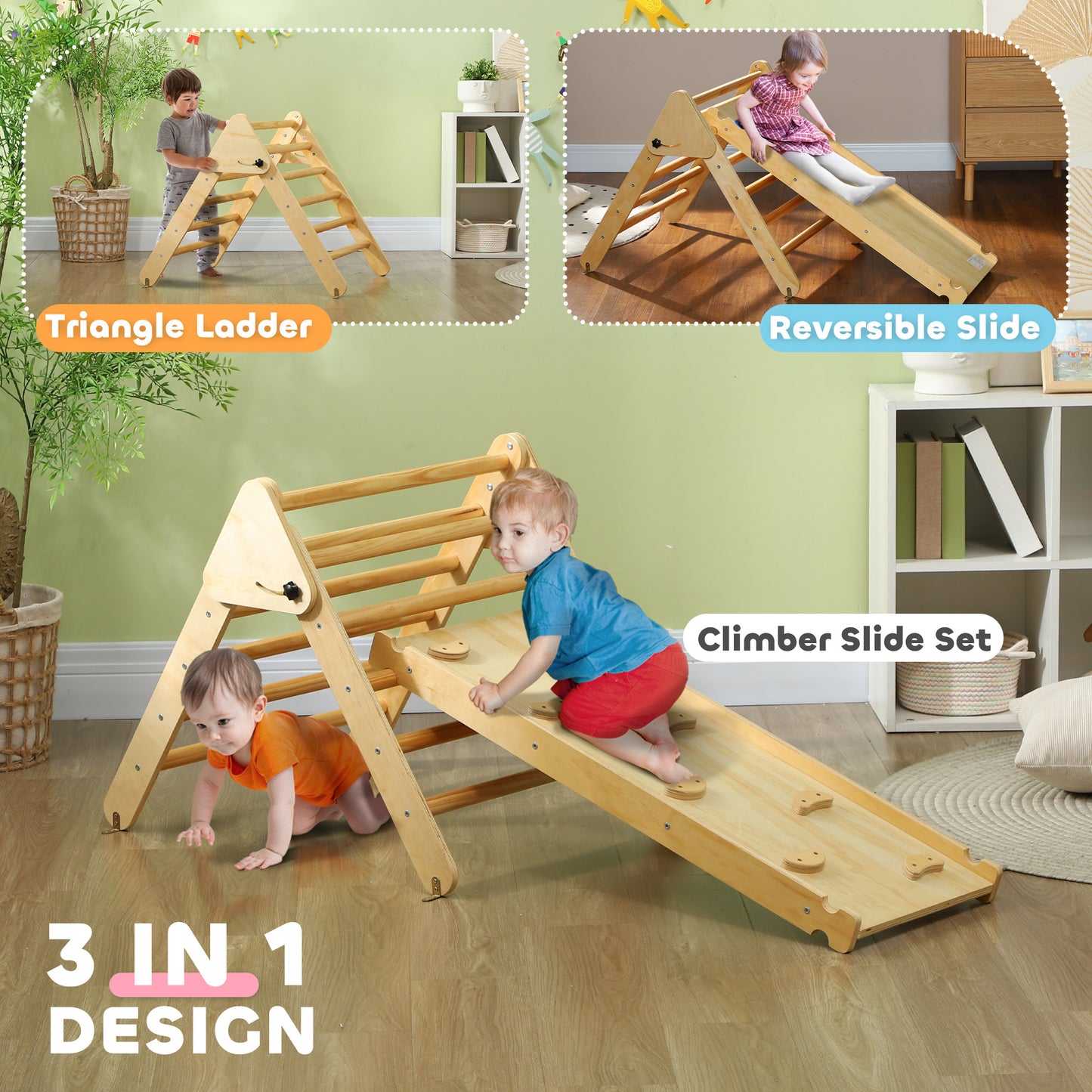 Pikler Triangle Set, 2 in 1 Climbing Toys with Ramp for Toddlers, Nature Wood Baby Gym & Playmats   at Gallery Canada