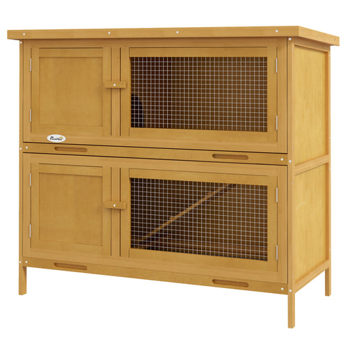 Wood Rabbit Hutch with 2 Large Main House, Ramp, Trays, Yellow