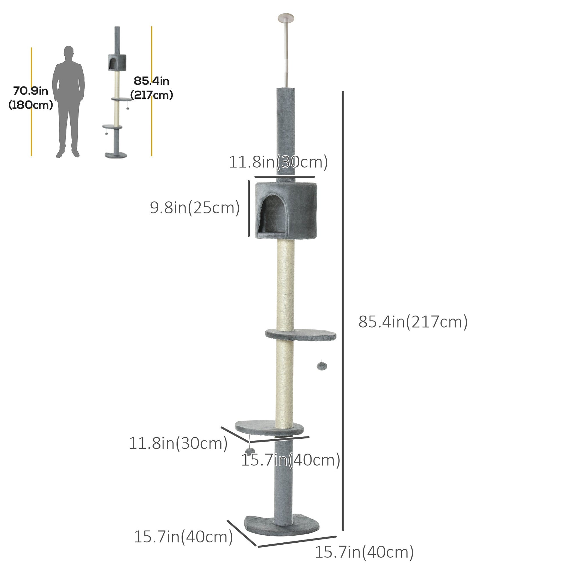 4-Tier Floor to Ceiling Cat Tree, Tall Cat Tower with Scratching Post, Plush Padding, Toy Ball, Cat Condo for Indoor Cats, Light Grey Floor to Ceiling Cat Trees   at Gallery Canada