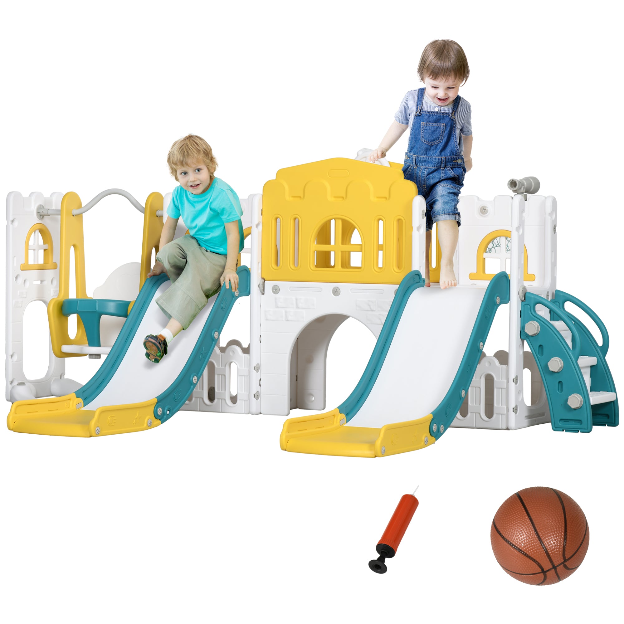 8 in 1 Slide and Swing Set, Baby Swing Set with Basketball Hoop, Climber, Steering Wheel, for Aged 1-3 Years, Yellow Gym Sets & Swings at Gallery Canada