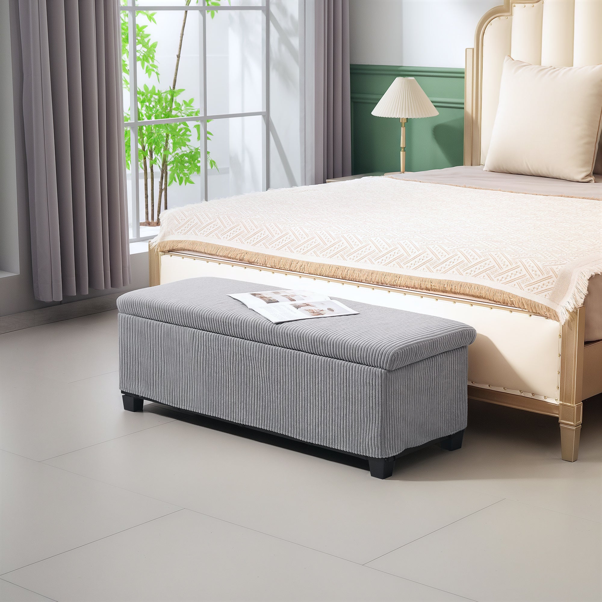 44 Inches Ottoman with Storage, Lid, Legs, Corduroy End of Bed Bench for Living Room, Bedroom, Entryway, Light Grey Storage Ottomans & Benches at Gallery Canada