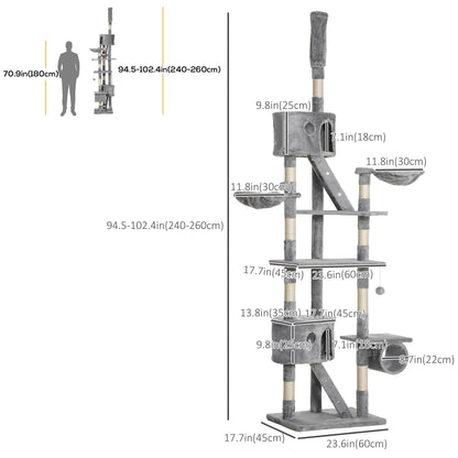 94"-102" Huge Cat Tree Ceiling High Cat Condo Scratching Post Activity Center Multi-Level Play House Light Grey Floor to Ceiling Cat Trees   at Gallery Canada