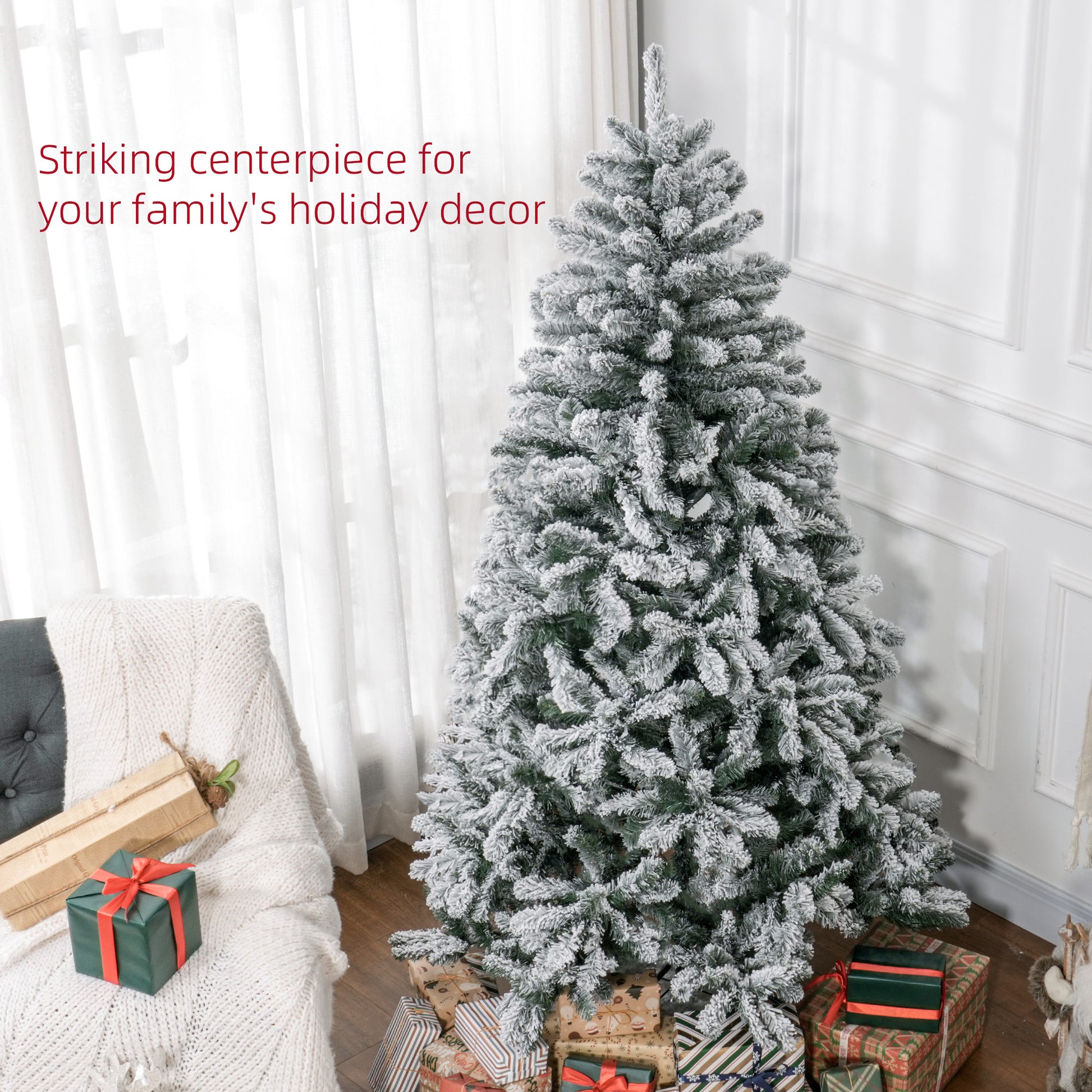 6 Foot Artificial Flocked Christmas Tree with Snow, Metal Stand, Hinged Xmas Tree for Home Office Holiday Flocked Christmas Trees   at Gallery Canada