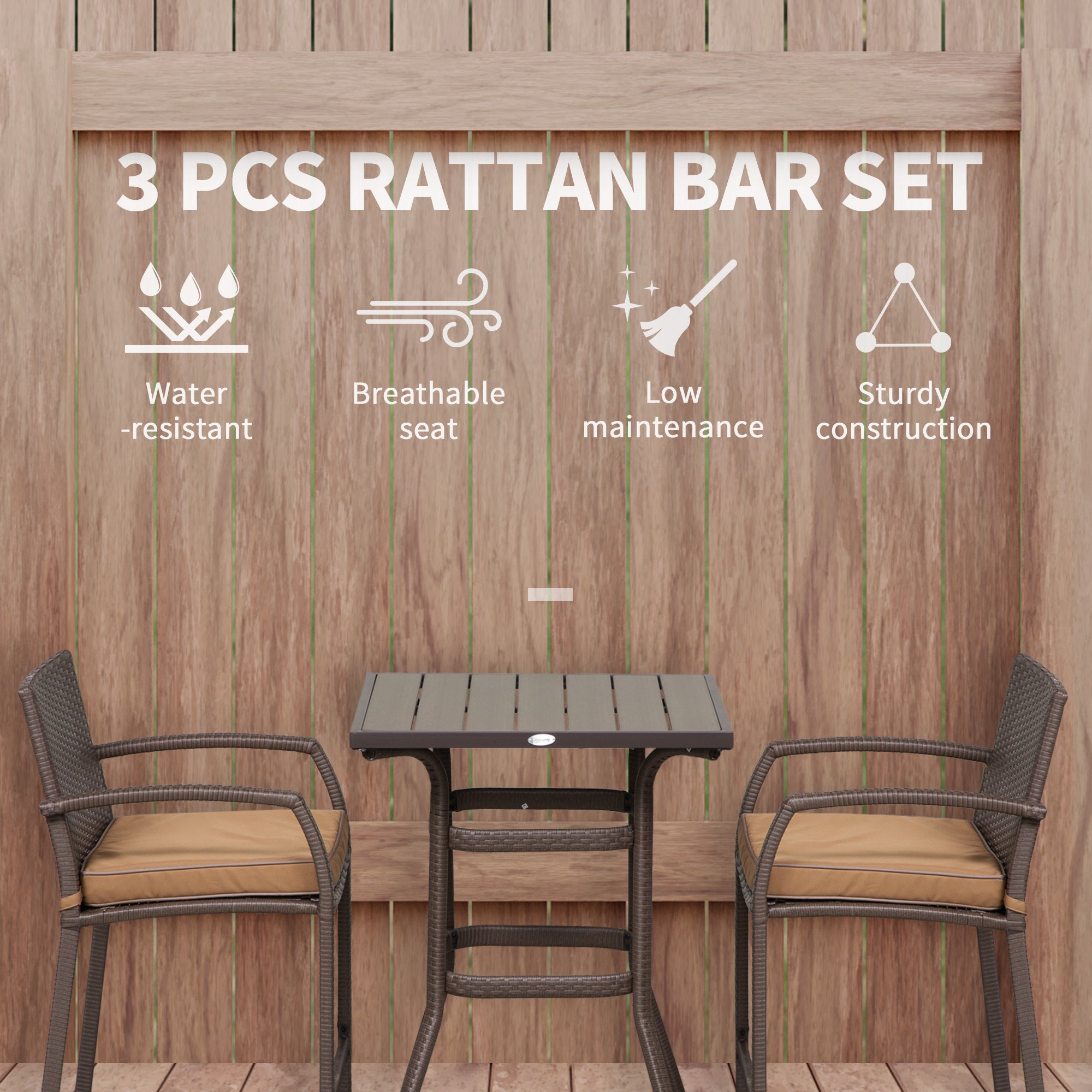 3 Pieces Outdoor Wicker Bistro Bar Set Garden PE Rattan Bar Table and Stools with Seat Cushion, Khaki Bistro Sets at Gallery Canada