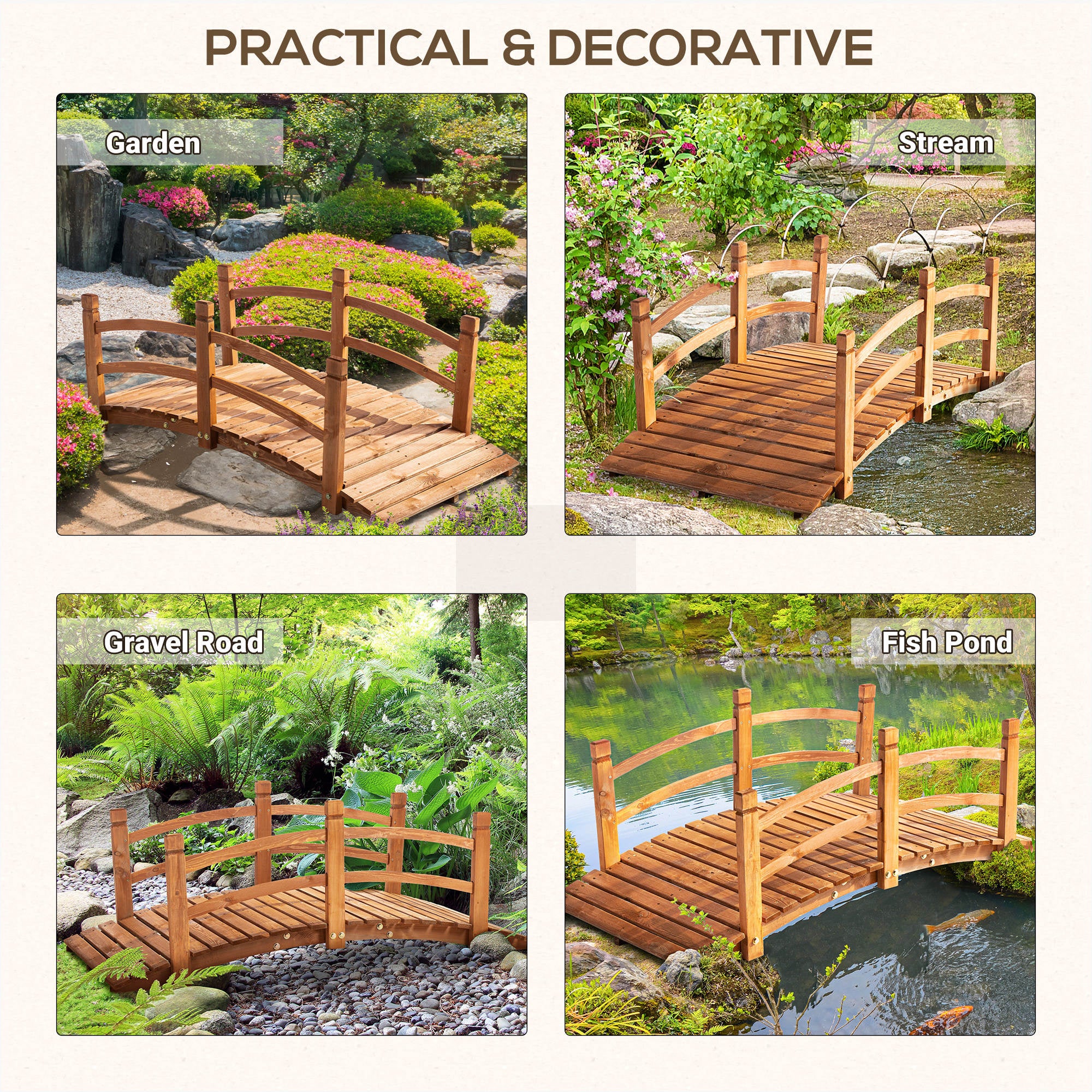 5FT Wooden Garden Bridge Classic Arc Footbridge with Guardrails for Stream Pond Walkway, Orange Garden Bridges at Gallery Canada