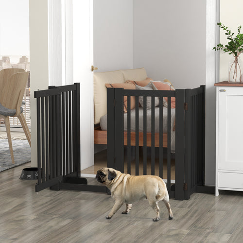 4 Panel Free Standing Wooden Pet Gate with Open Door Black