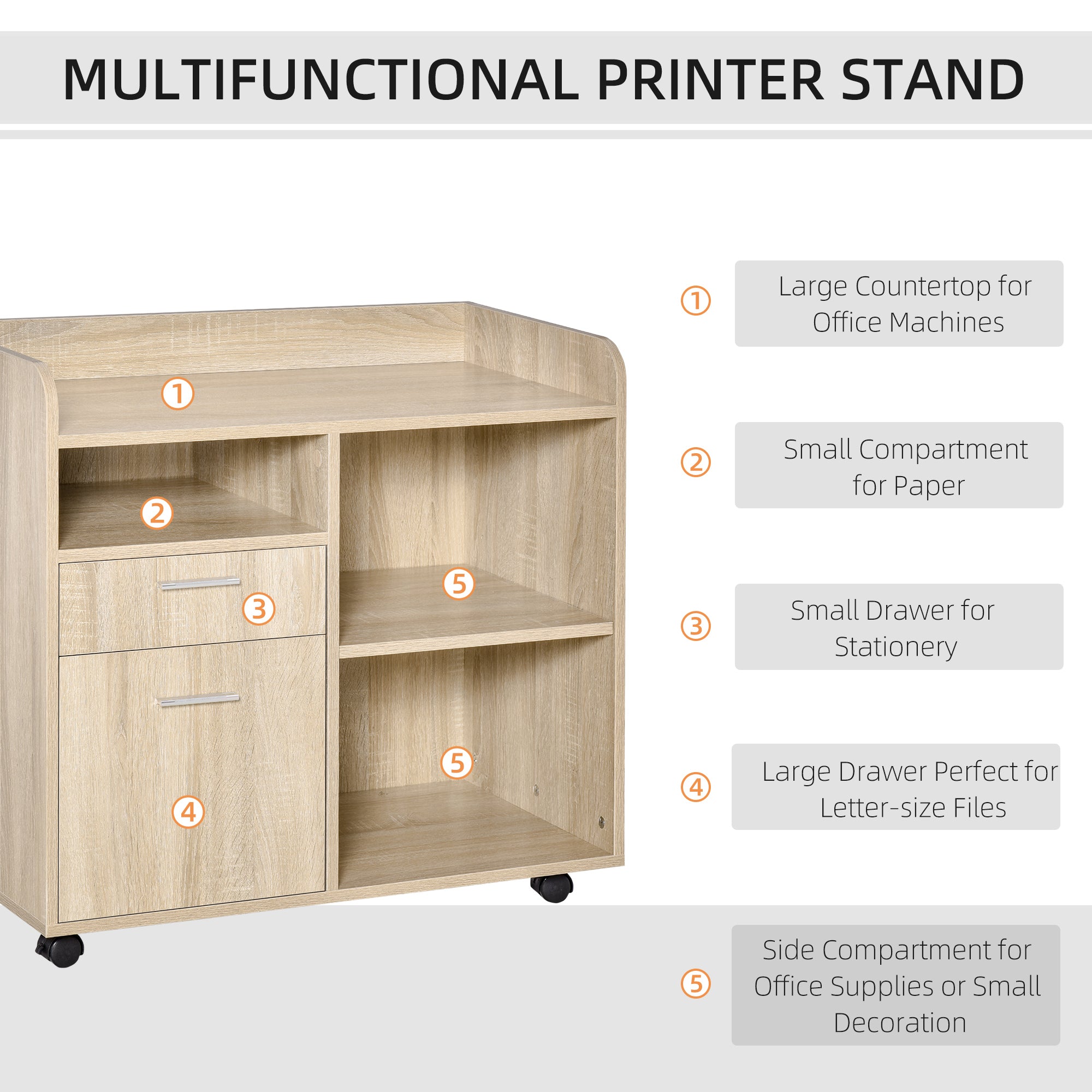 Lateral Filing Cabinet, Printer Stand with Wheels, Mobile File Cabinet with Drawer for Letter or A4 File, Home Office, Oak Office Cabinets & Cupboards at Gallery Canada