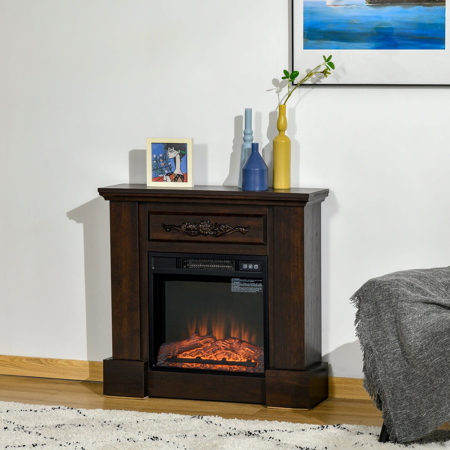 Electric Fireplace with Mantel, Freestanding Heater Corner Firebox with Log Hearth and Remote Control, 1400W, Brown Electric Fireplaces   at Gallery Canada