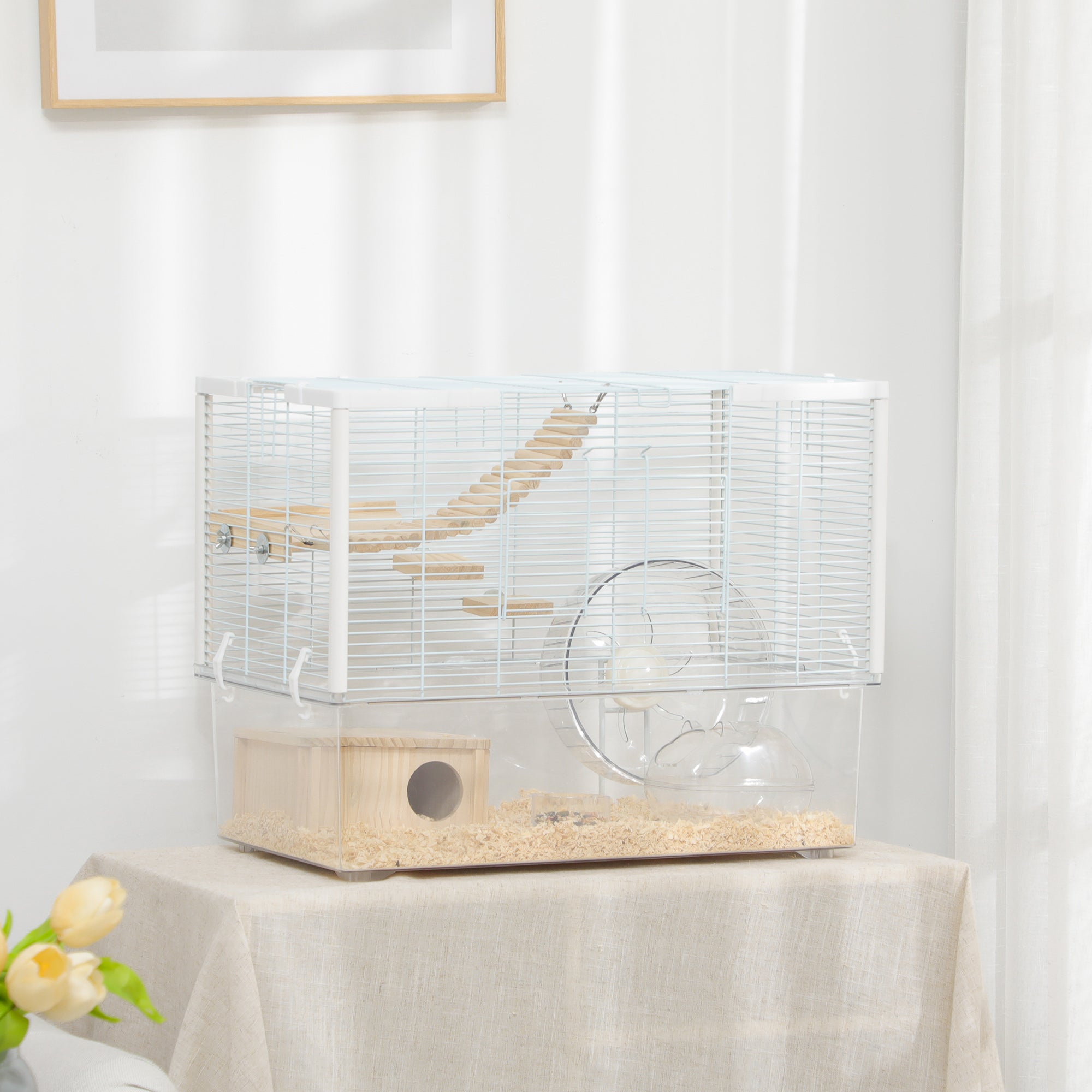 Hamster Cage with Deep Bottom, Wooden Ramp, Hut, Bathroom and Exercise Wheel for Hamster and Gerbil, White Hamster Cages at Gallery Canada