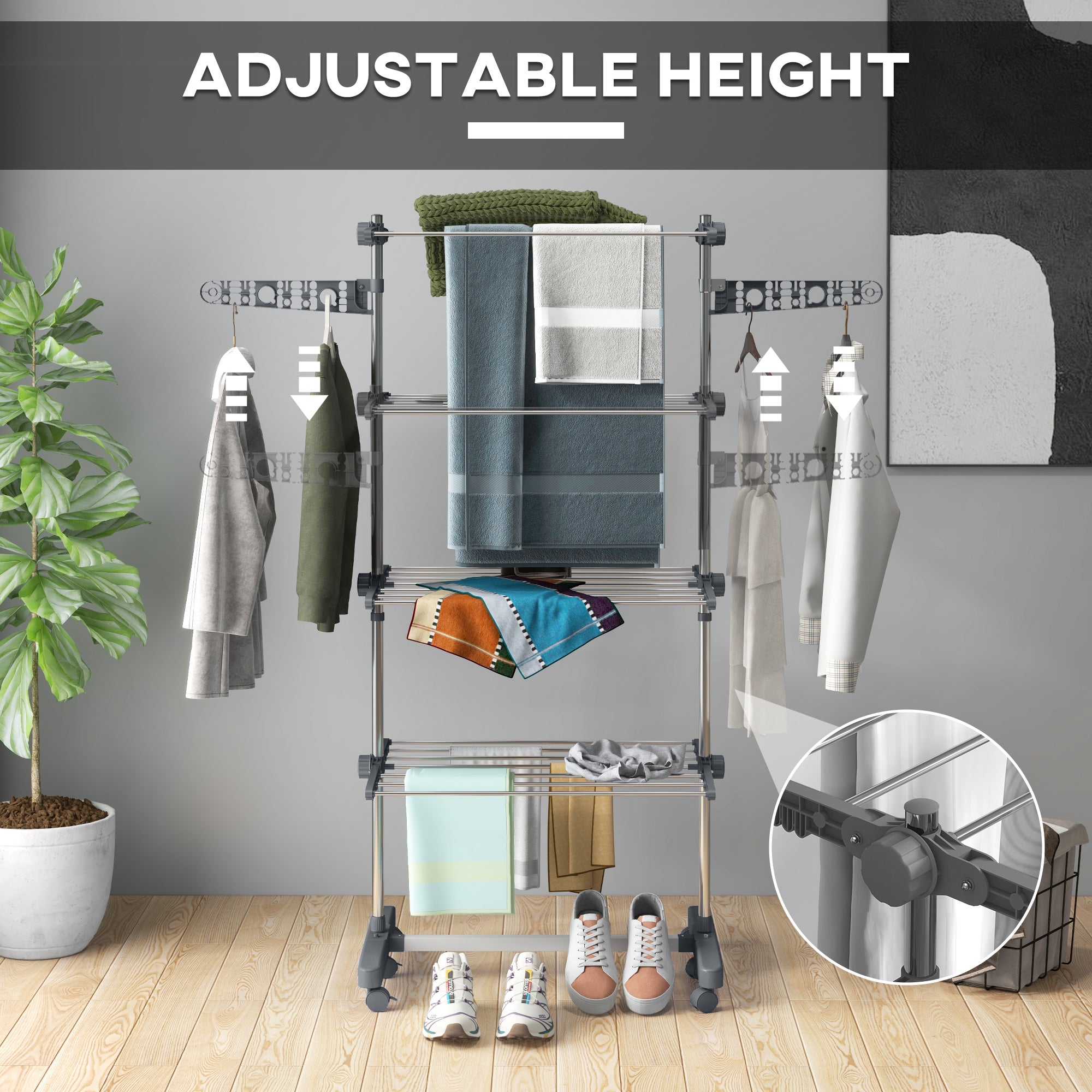 Garment Drying Rack Stainless Steel Folding Clothes Hanging Rack with Side Wings Castors for Indoor Outdoor Grey Bath Accessories at Gallery Canada