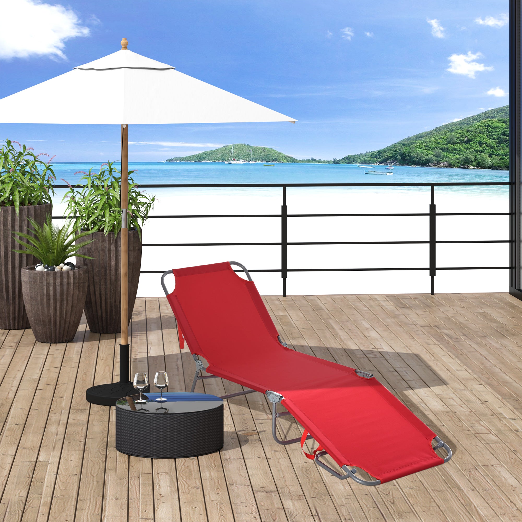 Folding Outdoor Lounge Chair, Portable Reclining Beach Lounger with Breathable Mesh Fabric, Sun Lounge Bed Camping Cot for Patio, Garden, Poolside, Red Lounger Chairs at Gallery Canada